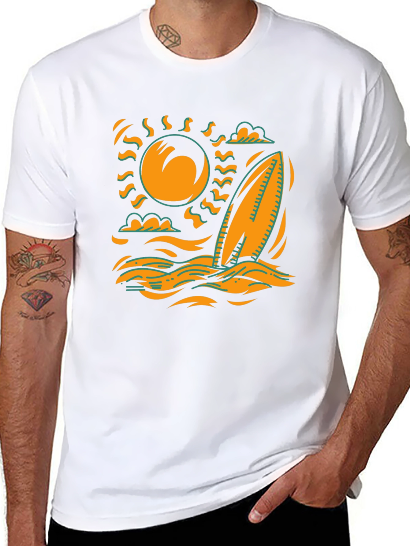 Surfboard Sun Graphic Tee - Black Cotton T-Shirt