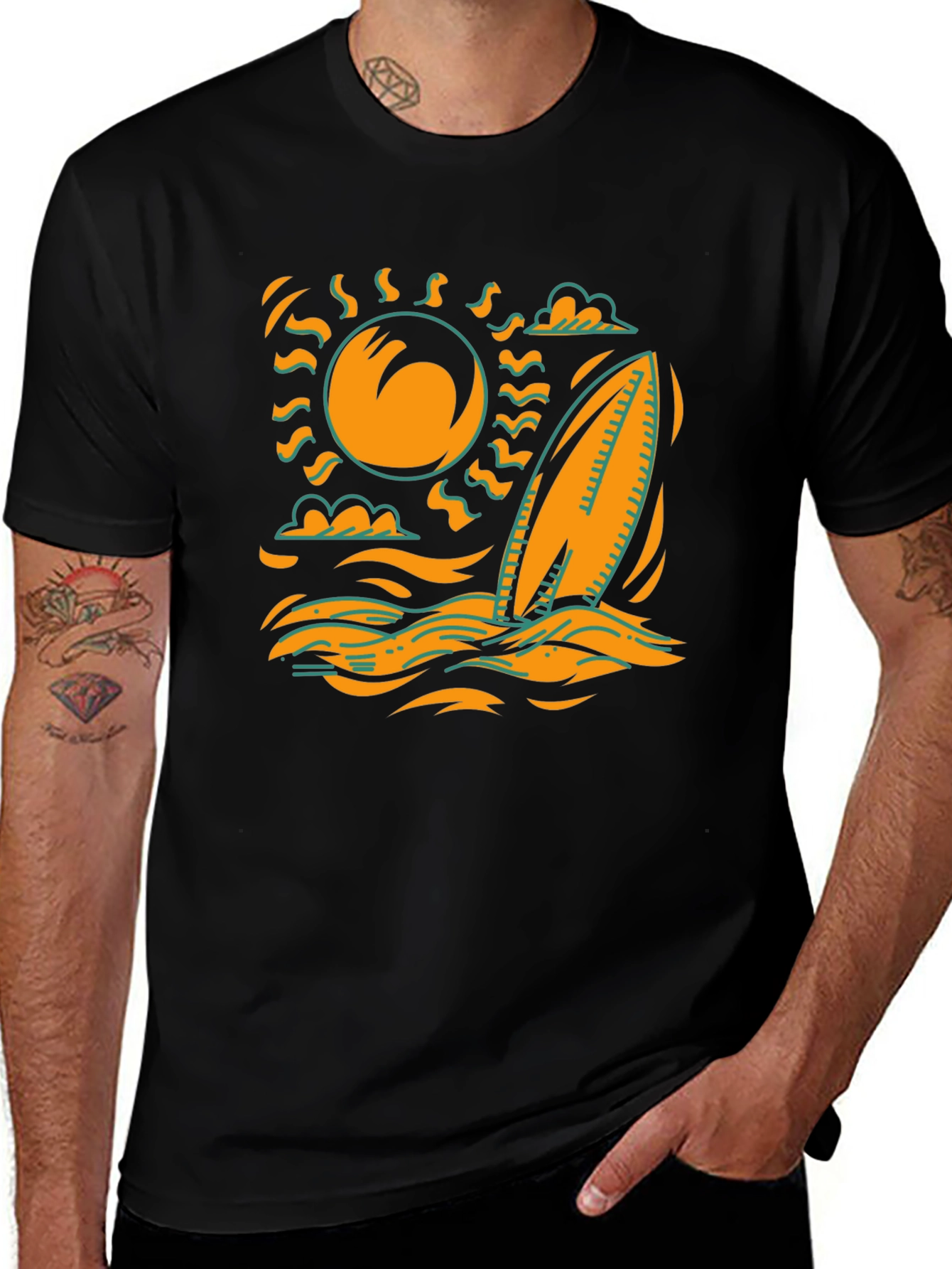 Surfboard Sun Graphic Tee - Black Cotton T-Shirt