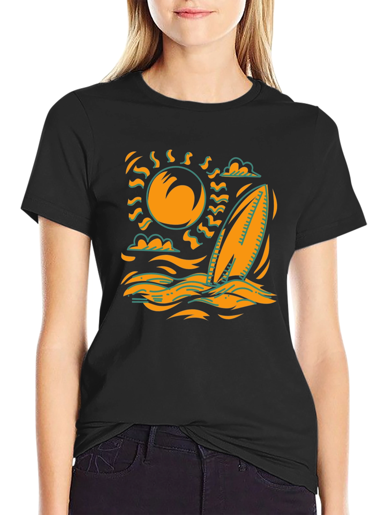 Surfboard Sun Graphic Tee - Black Cotton T-Shirt