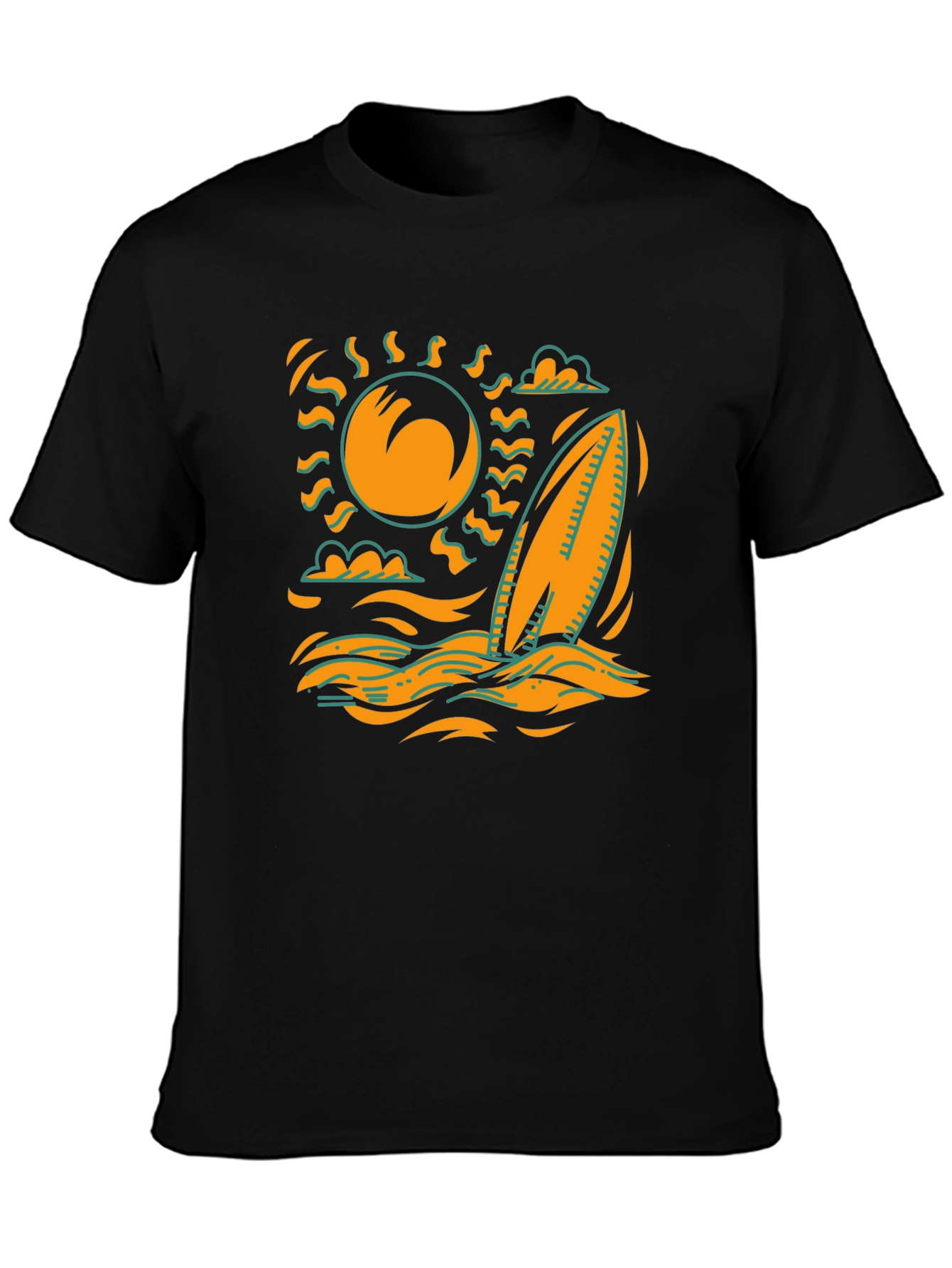 Surfboard Sun Graphic Tee - Black Cotton T-Shirt