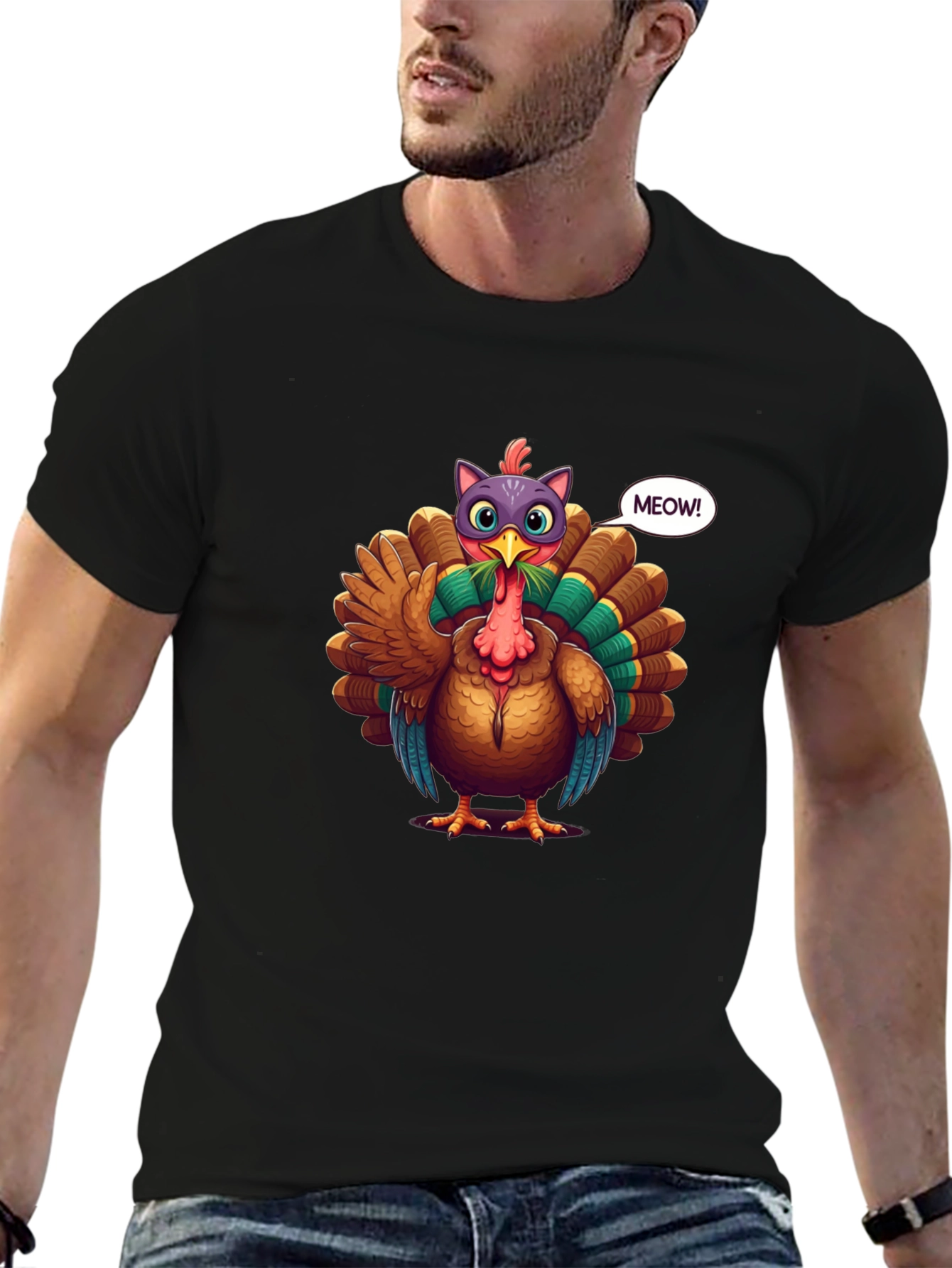 Turkey Cat Meow Black T-Shirt