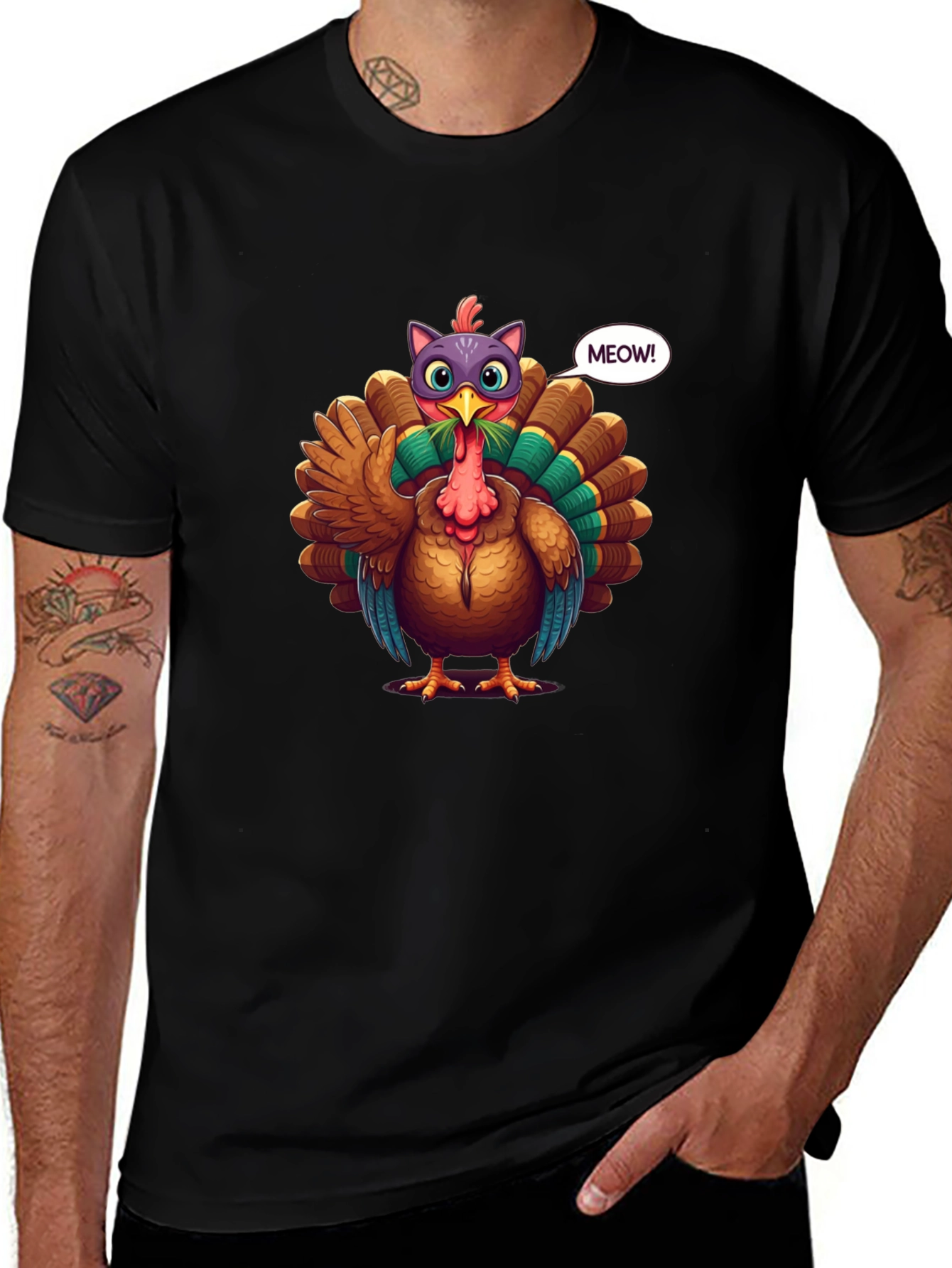 Turkey Cat Meow Black T-Shirt