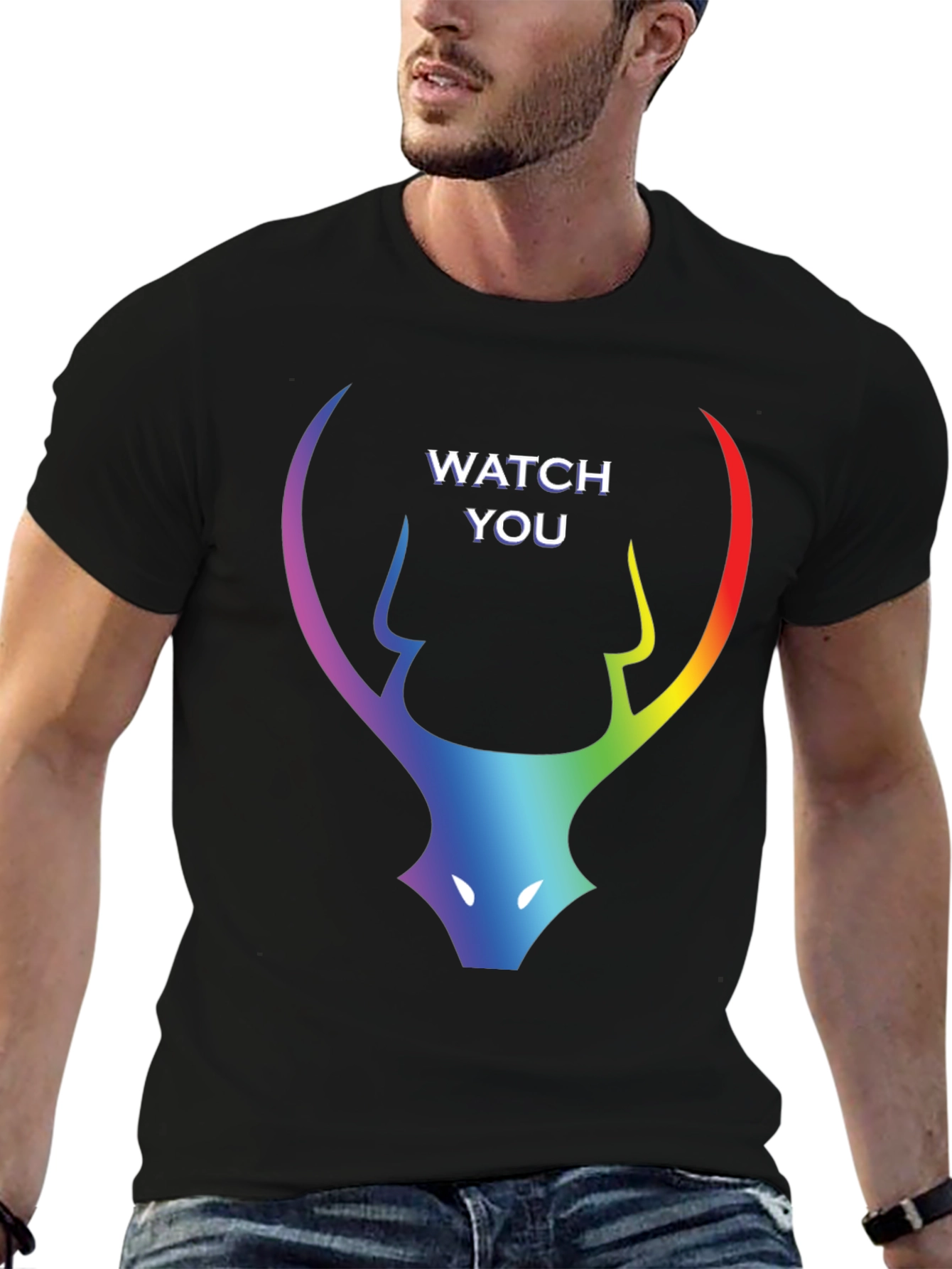 Rainbow Deer Head Watch You Black T-Shirt