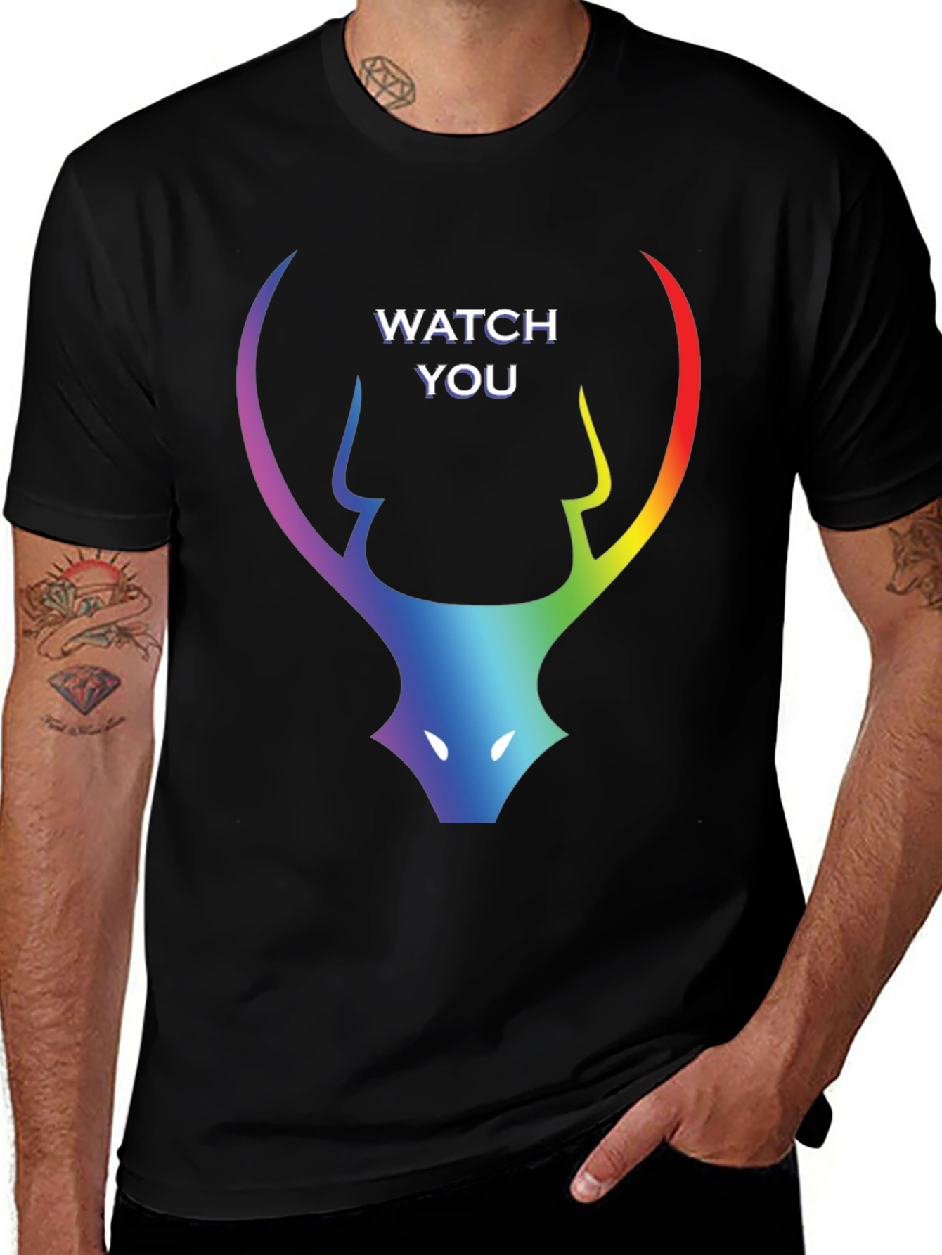 Rainbow Deer Head Watch You Black T-Shirt
