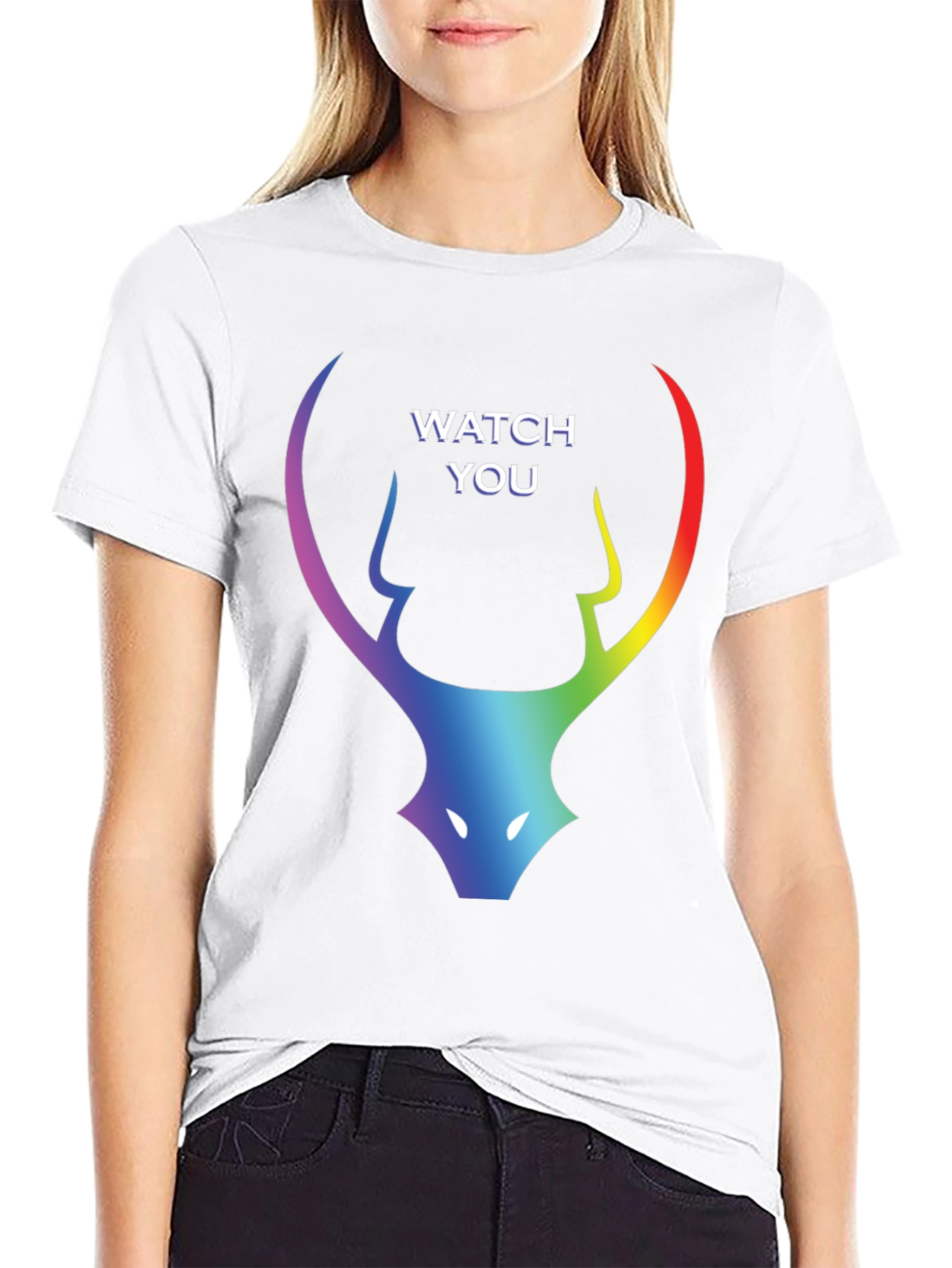Rainbow Deer Head Watch You Black T-Shirt