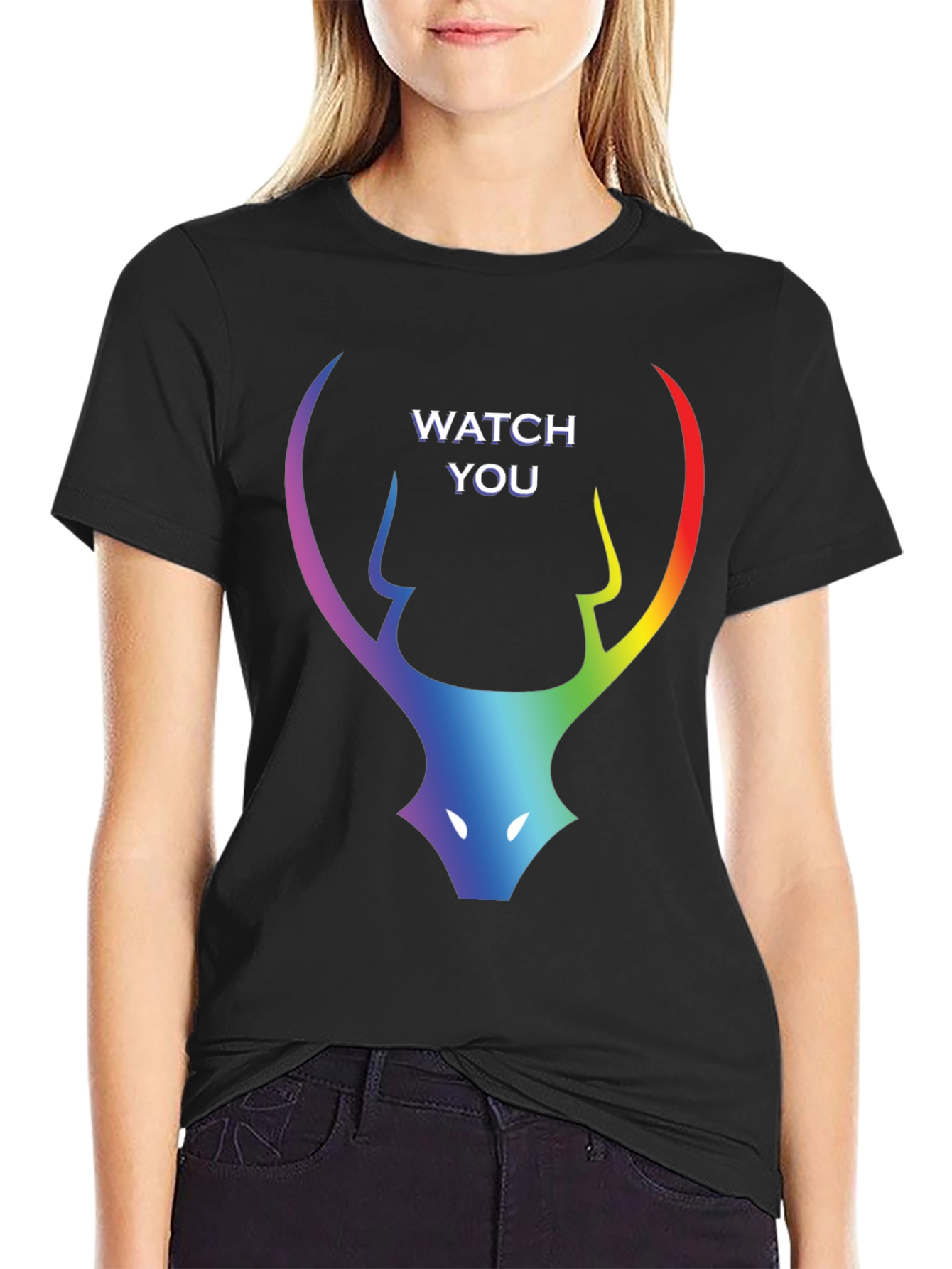 Rainbow Deer Head Watch You Black T-Shirt