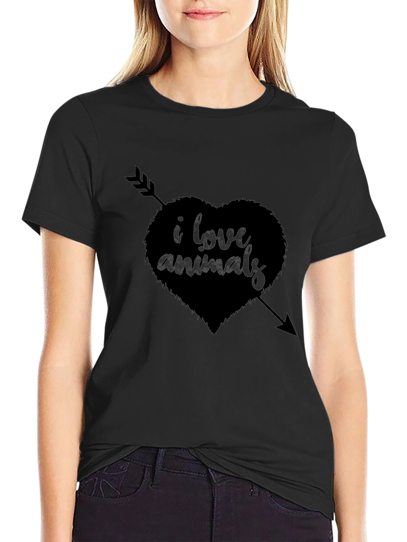 I Love Animals Heart Arrow Graphic Tee - Black