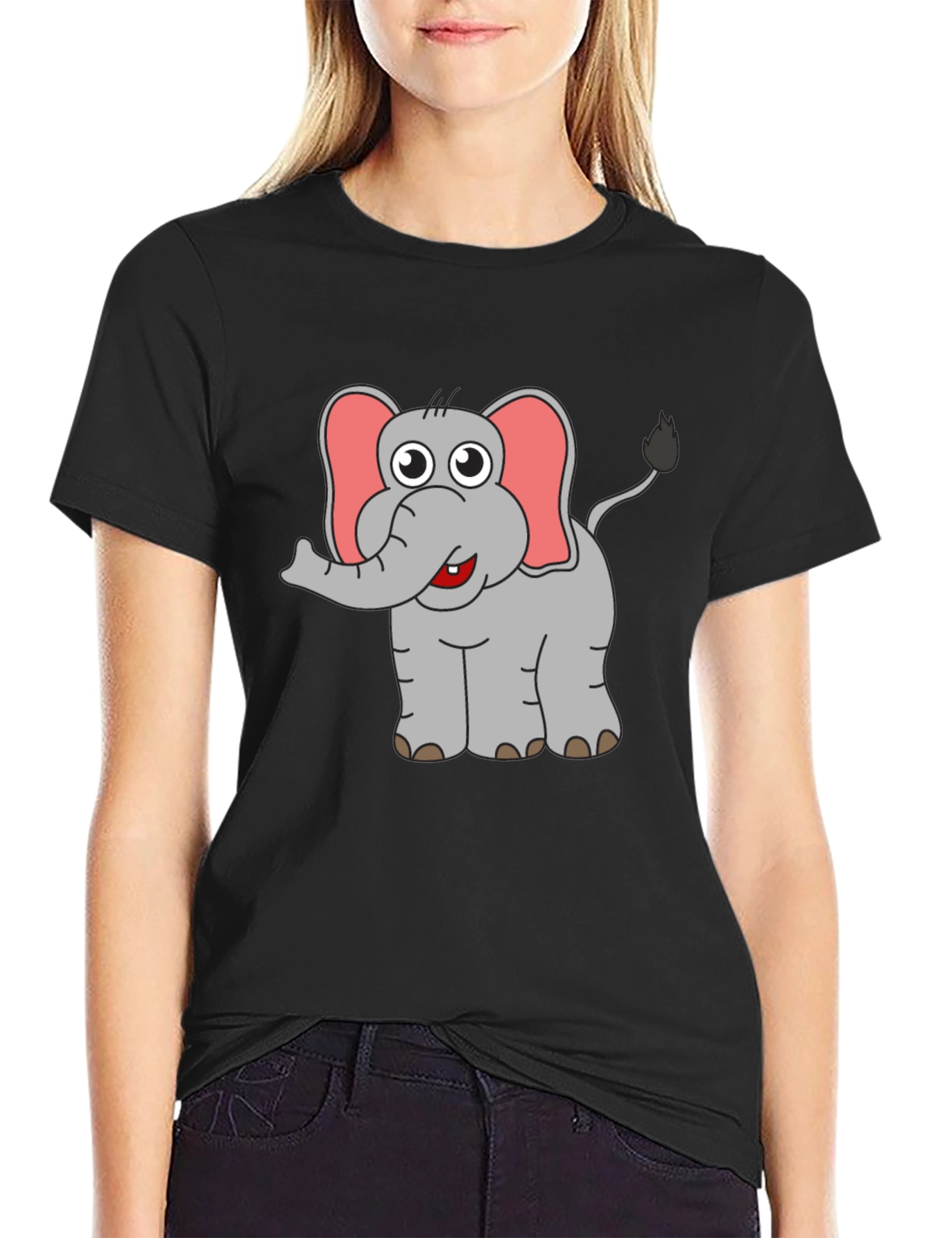 Cartoon Elephant Graphic T-Shirt - Black Cotton Tee