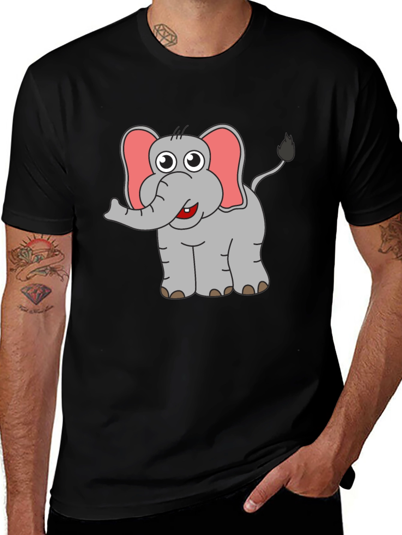 Cartoon Elephant Graphic T-Shirt - Black Cotton Tee