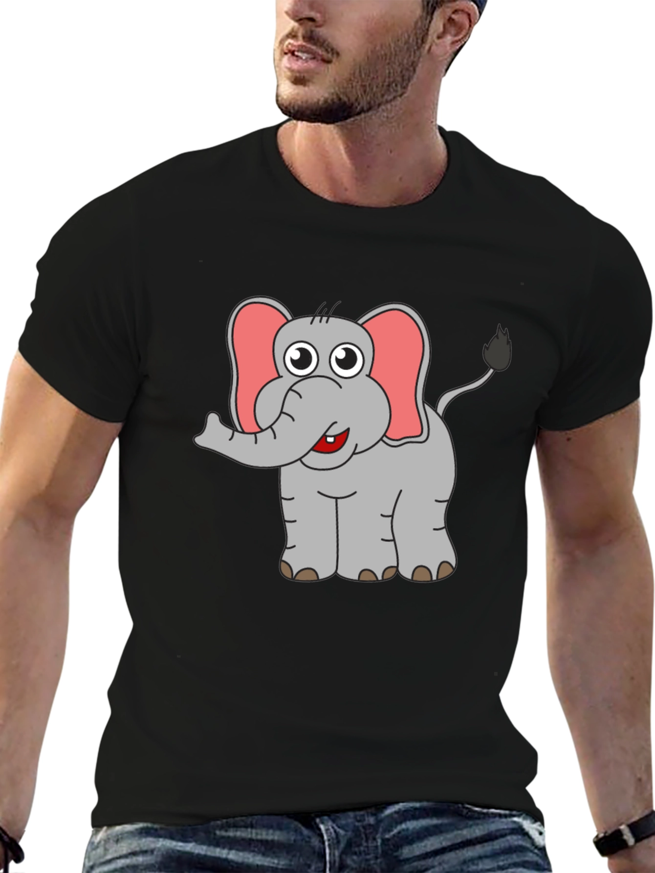 Cartoon Elephant Graphic T-Shirt - Black Cotton Tee