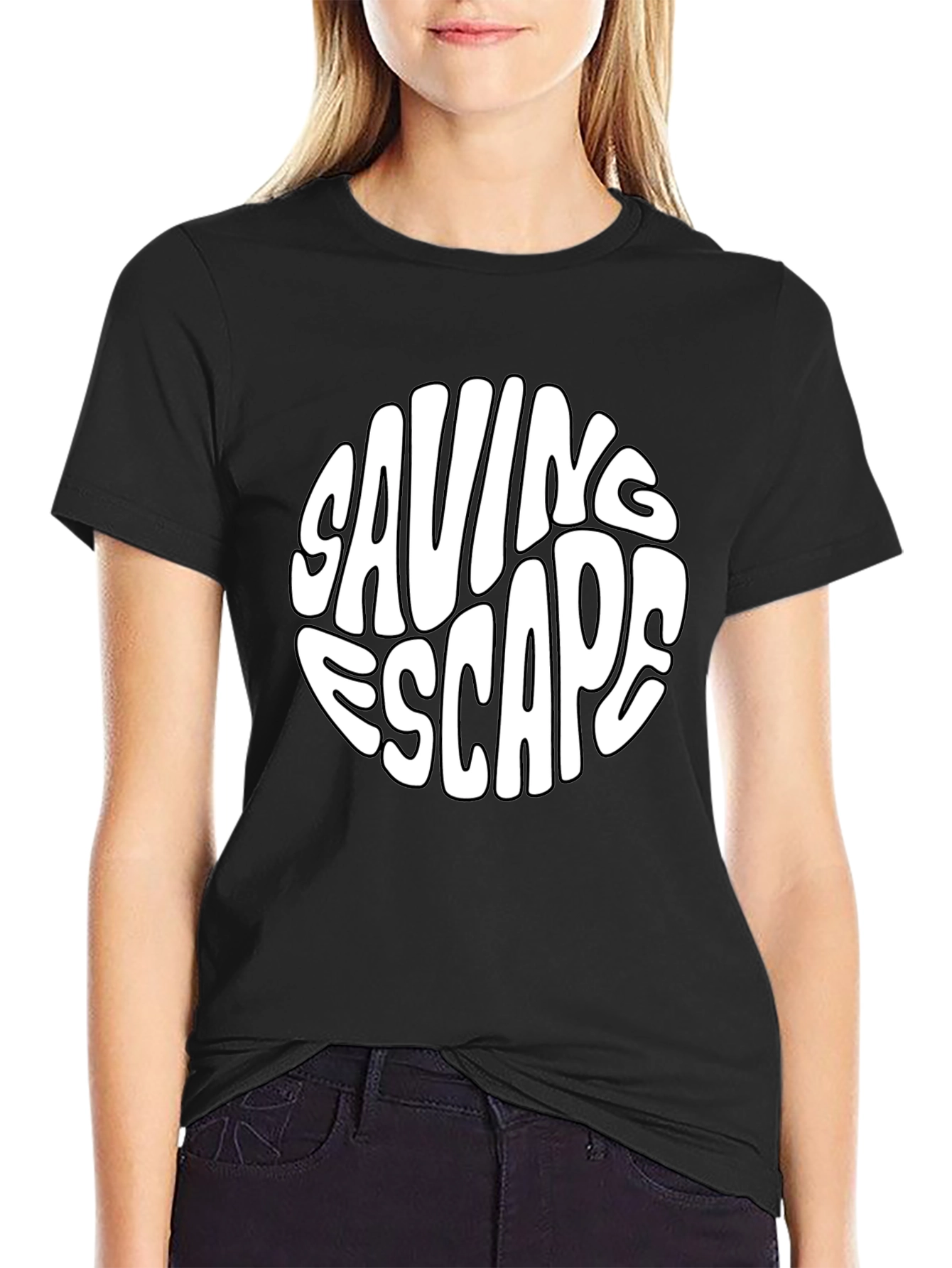 Saving Escape Graphic Print Black T-Shirt