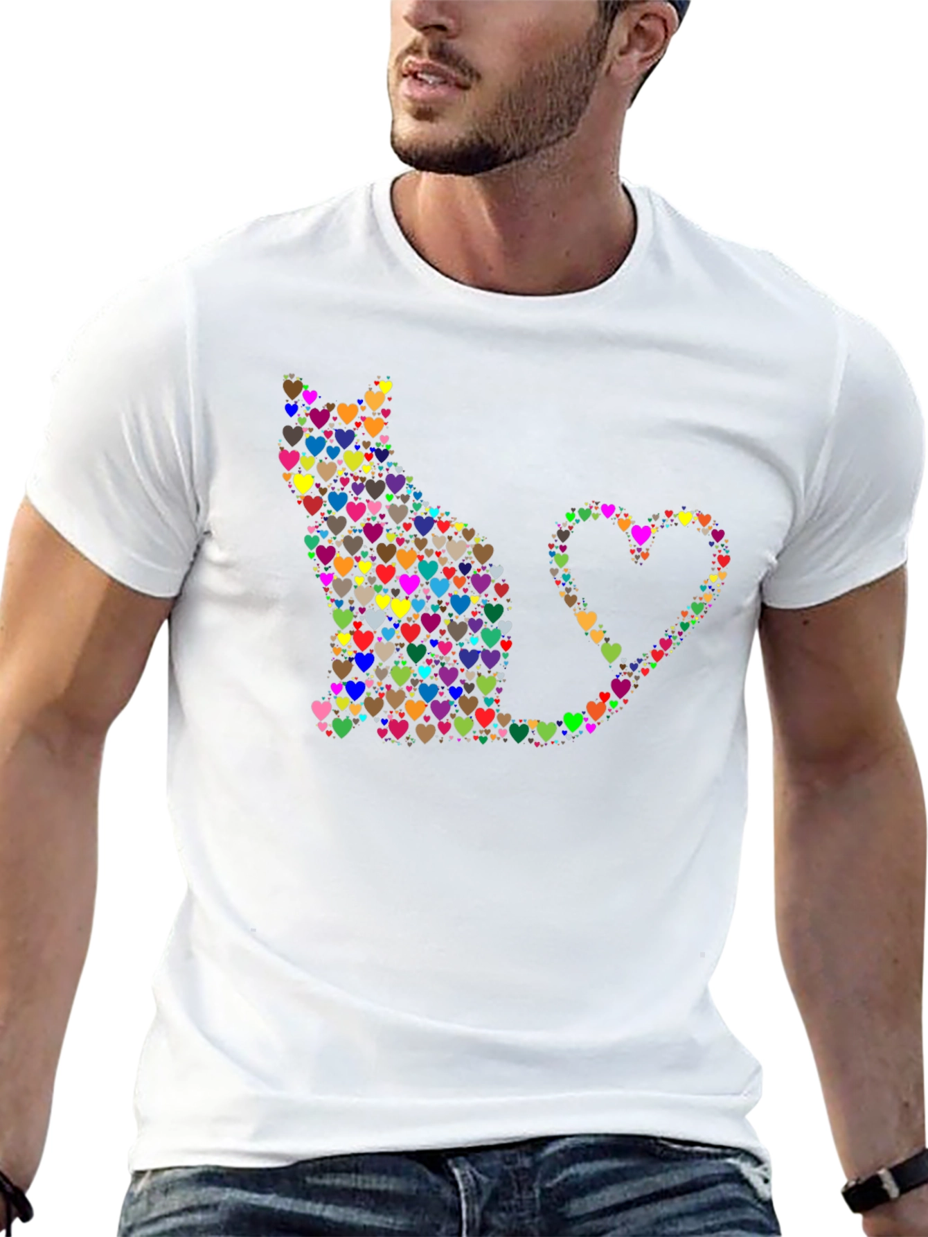 Heart Cat Graphic Tee - Black Cotton Shirt