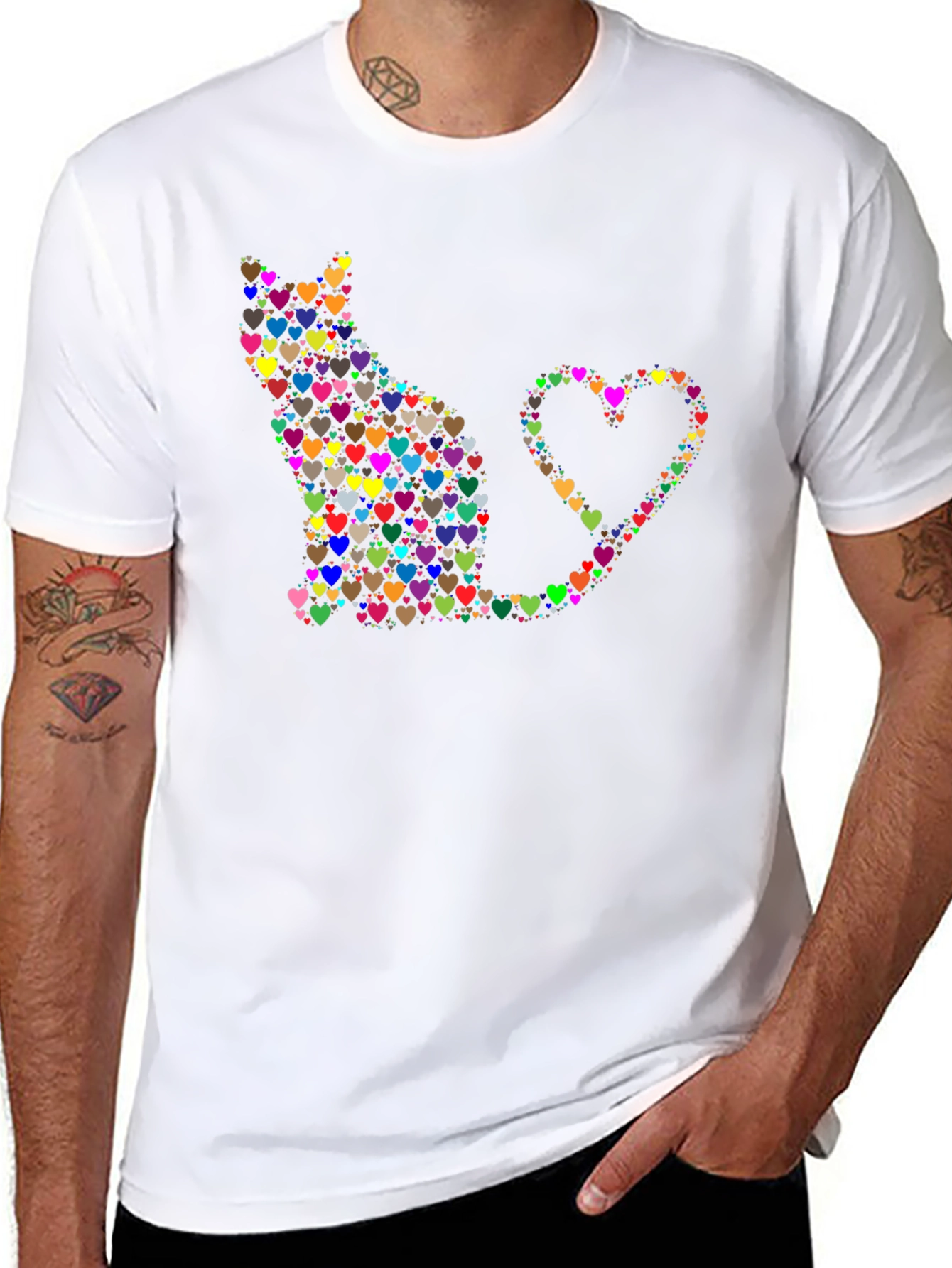 Heart Cat Graphic Tee - Black Cotton Shirt