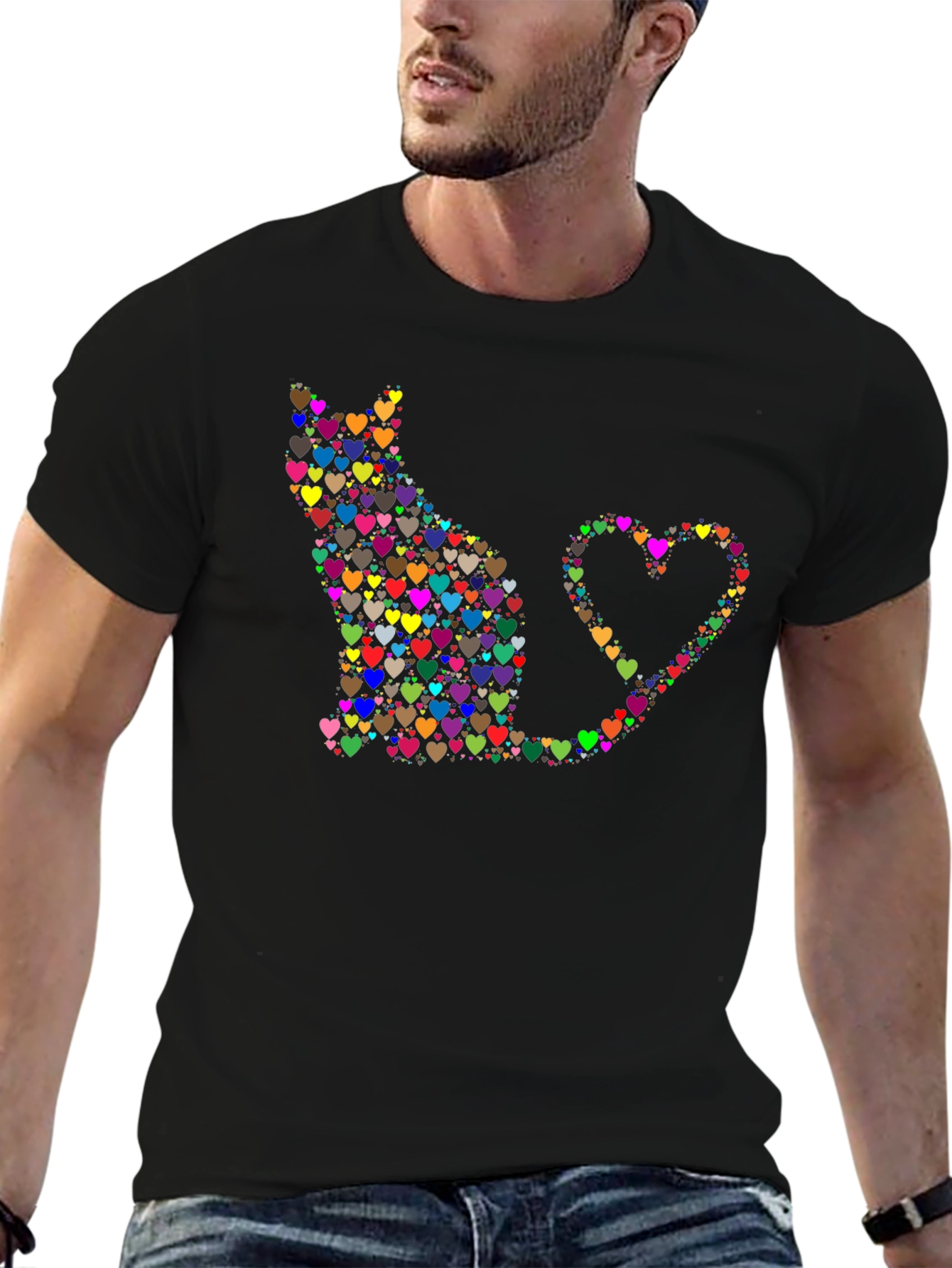 Heart Cat Graphic Tee - Black Cotton Shirt