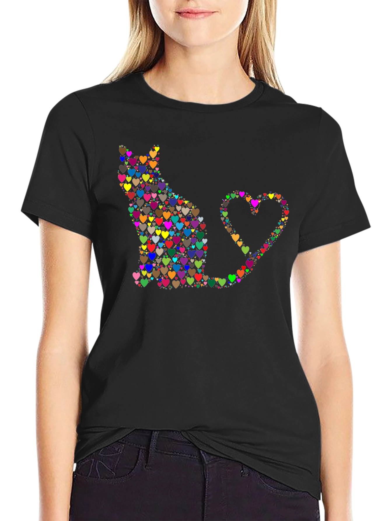 Heart Cat Graphic Tee - Black Cotton Shirt