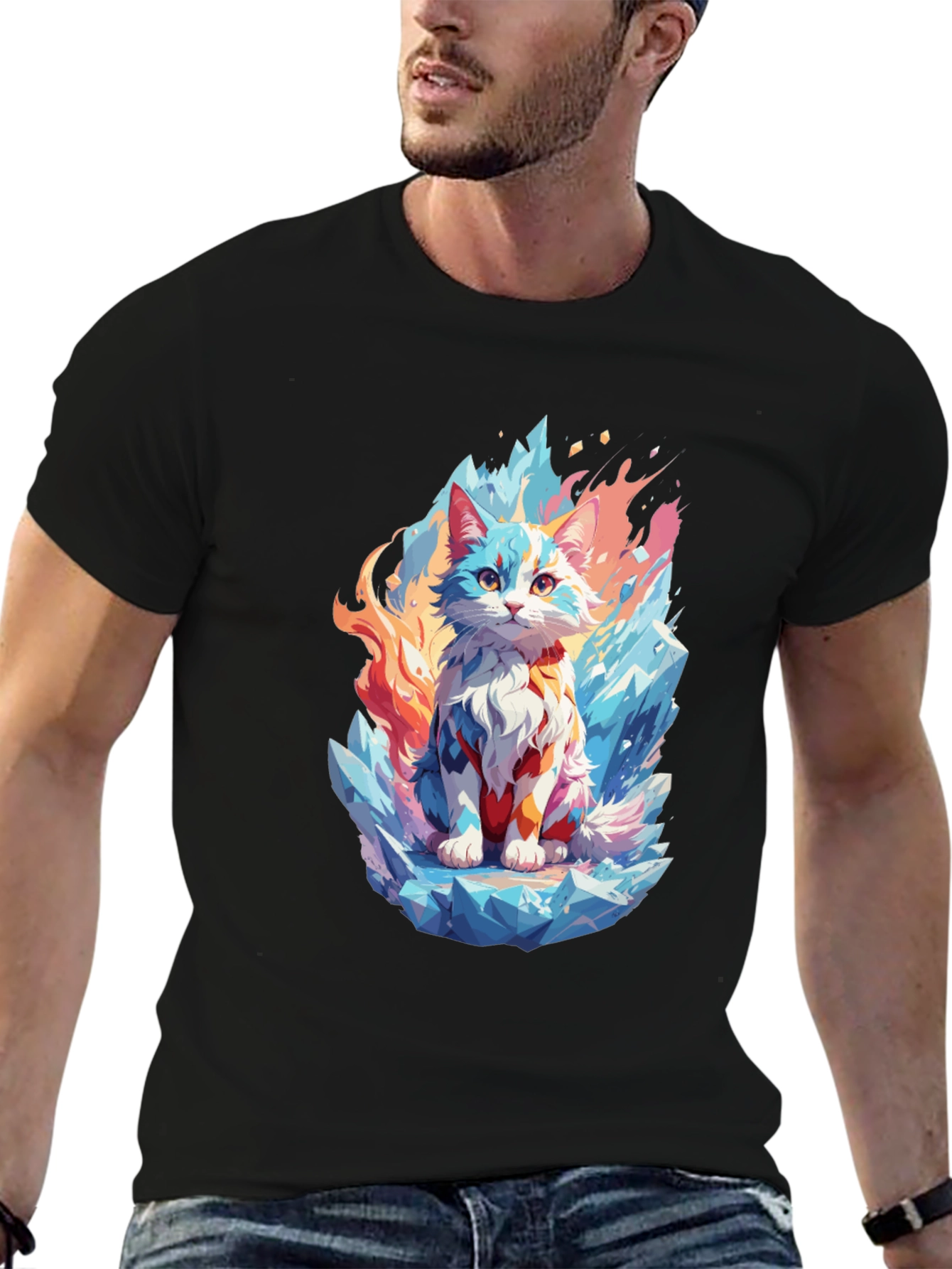 Ice & Fire Cat Graphic Black T-Shirt