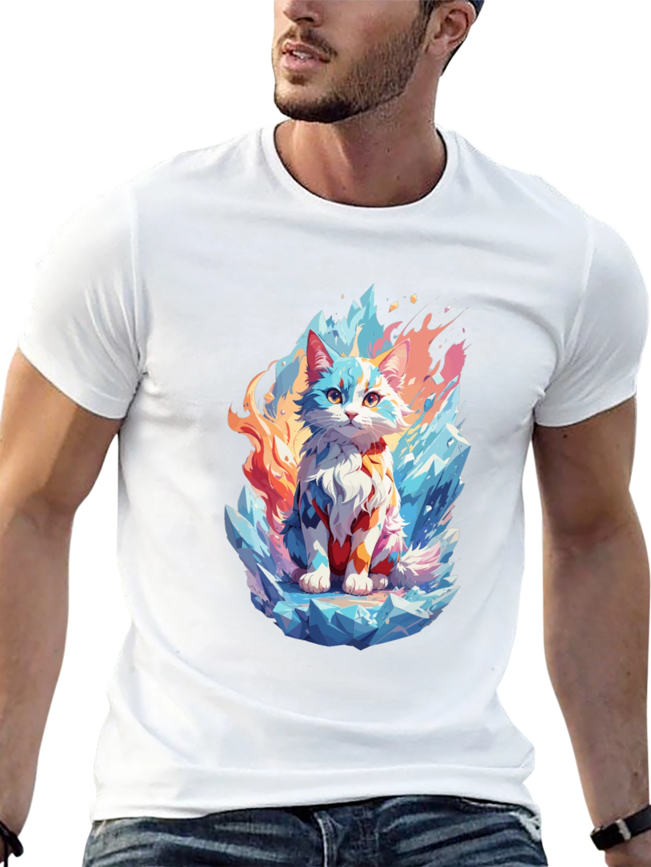 Ice & Fire Cat Graphic Black T-Shirt