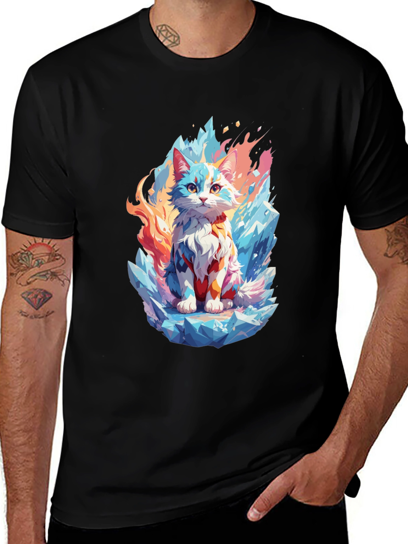 Ice & Fire Cat Graphic Black T-Shirt