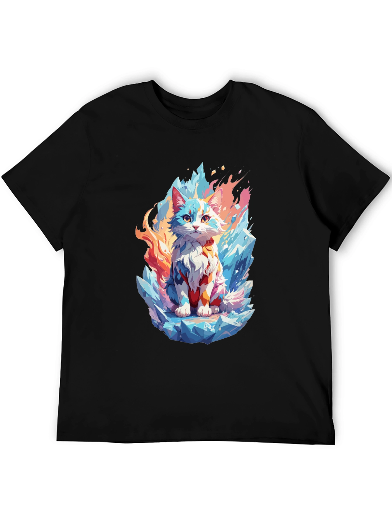 Ice & Fire Cat Graphic Black T-Shirt