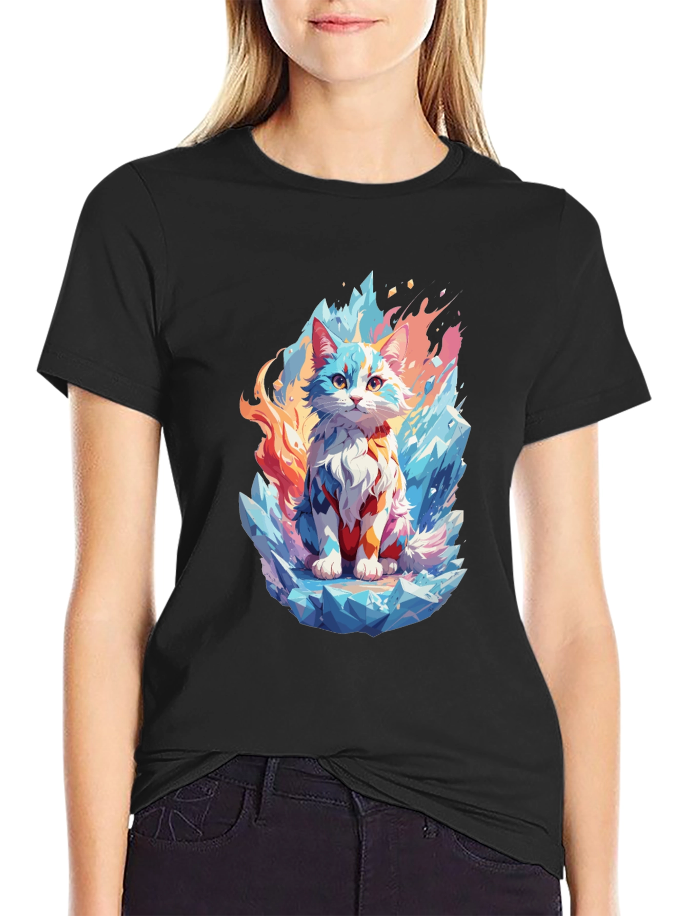 Ice & Fire Cat Graphic Black T-Shirt