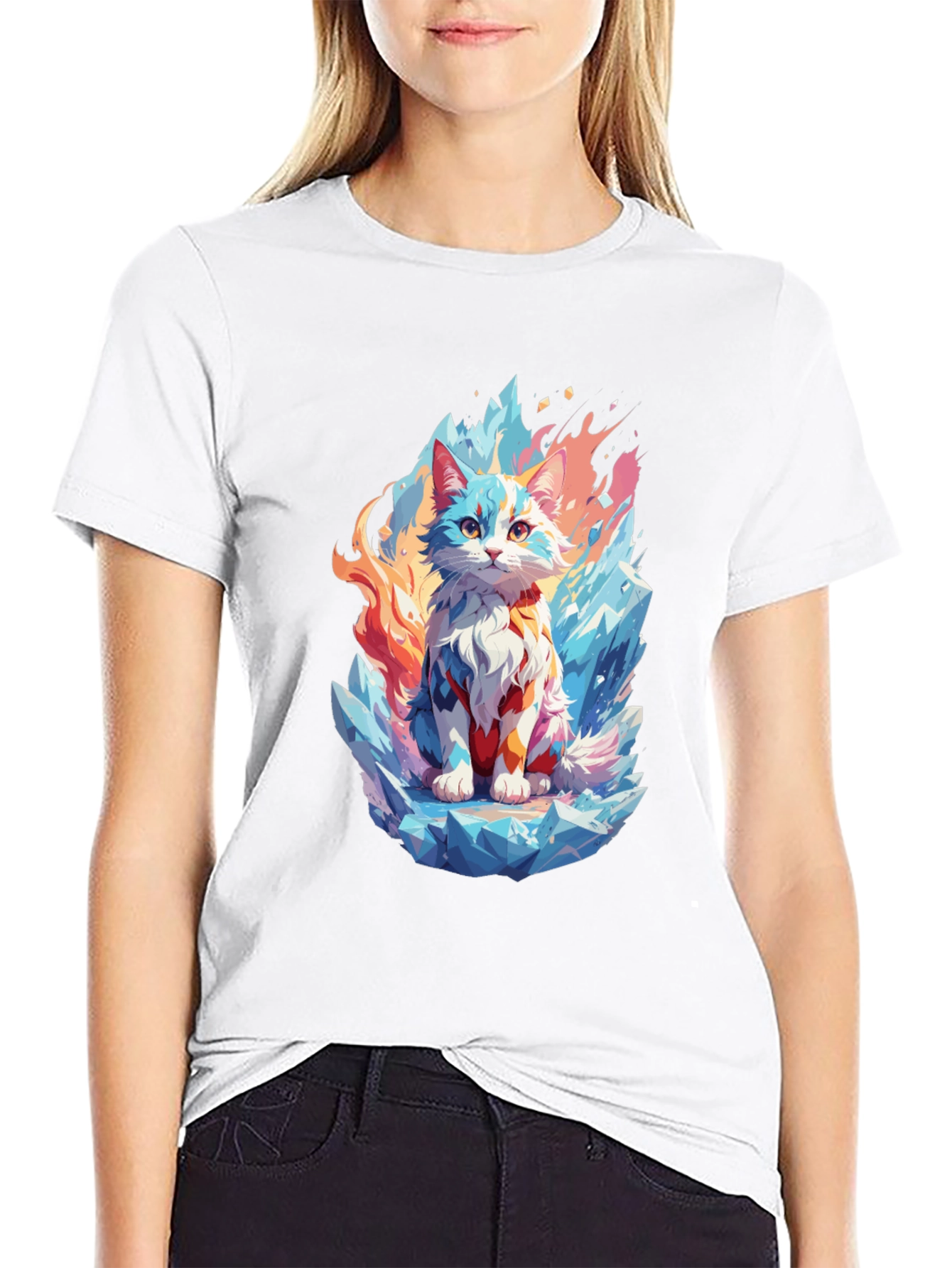 Ice & Fire Cat Graphic Black T-Shirt