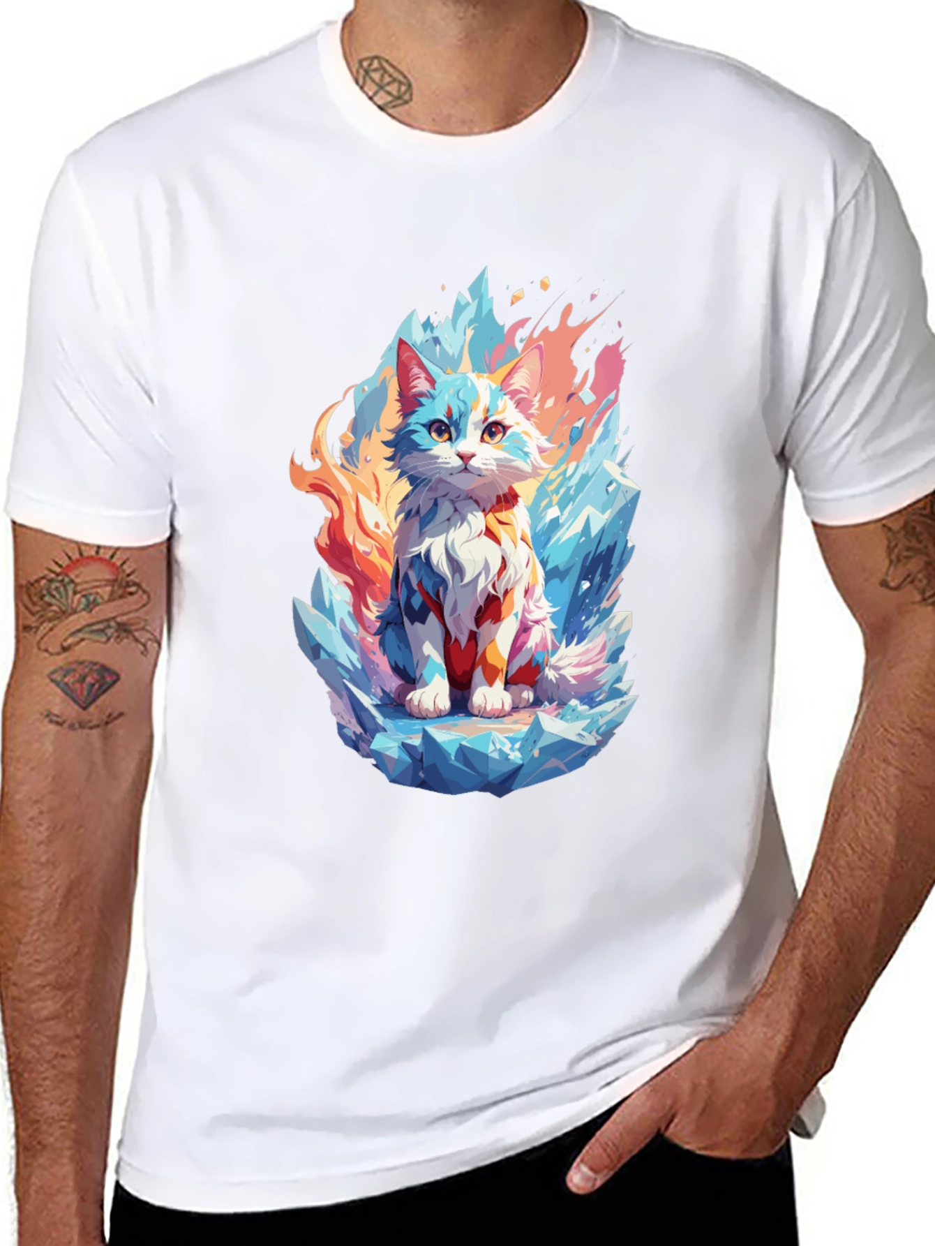 Ice & Fire Cat Graphic Black T-Shirt