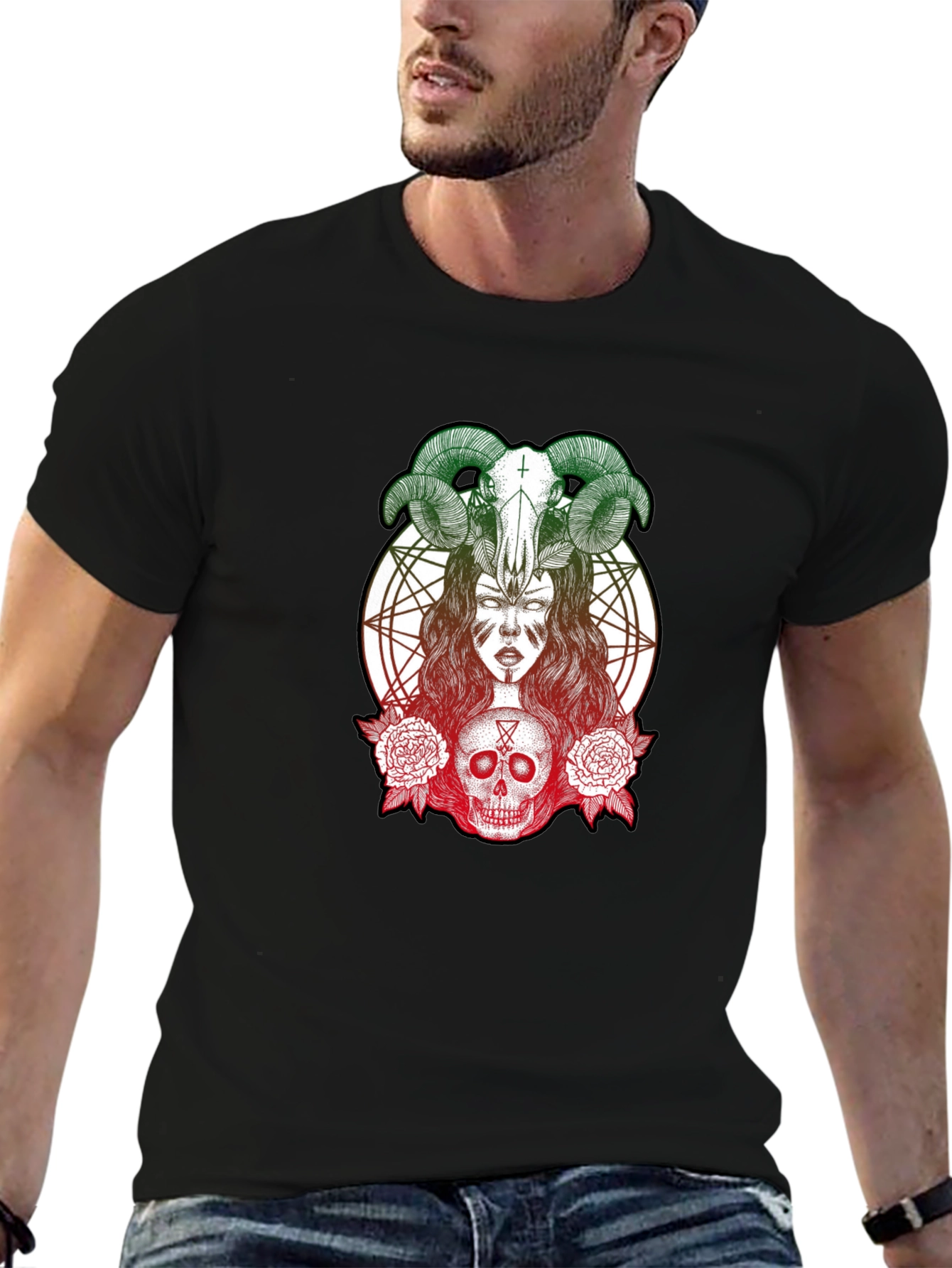 Occult Skull & Horns Graphic T-Shirt