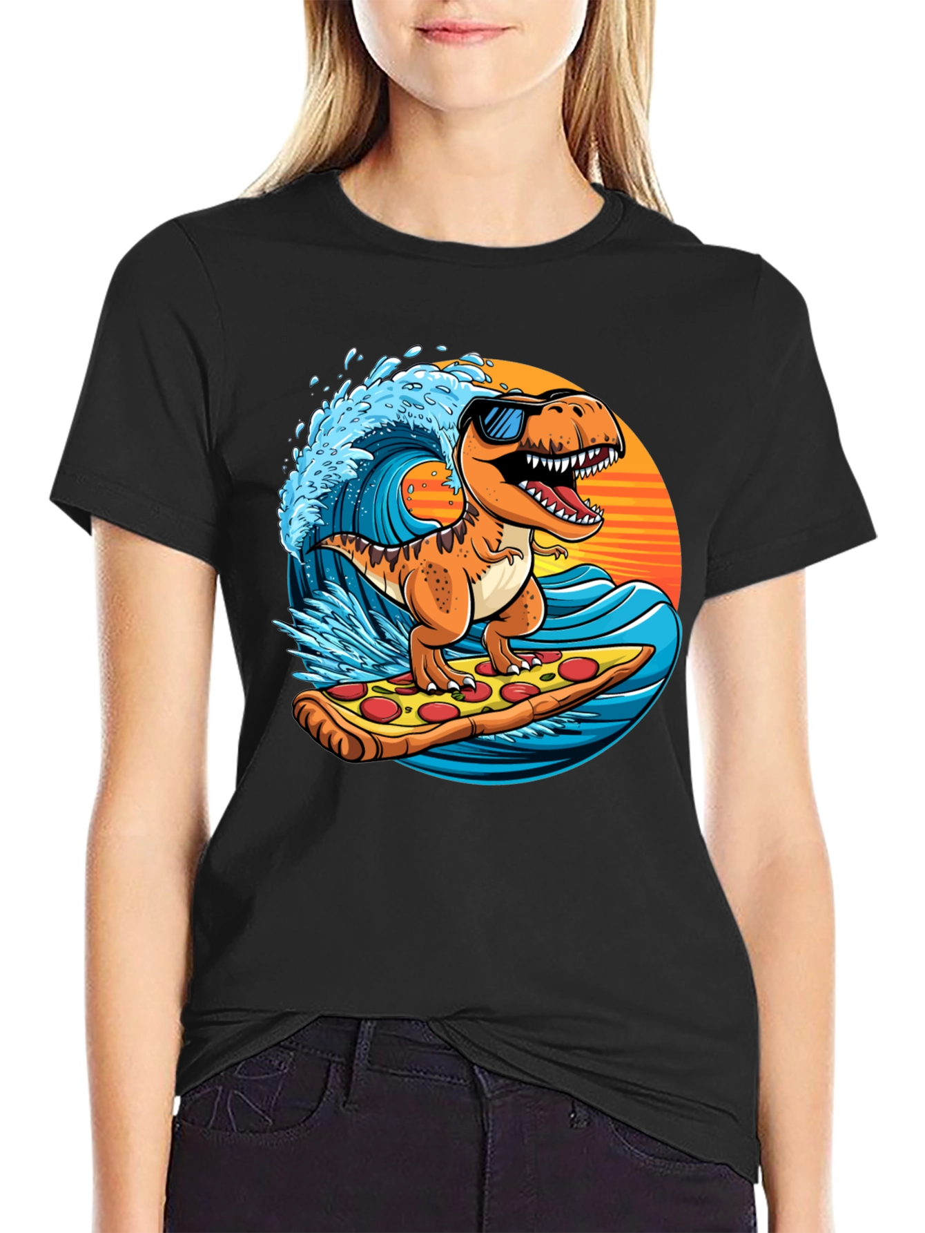 Dino Surfing Pizza Slice Tee