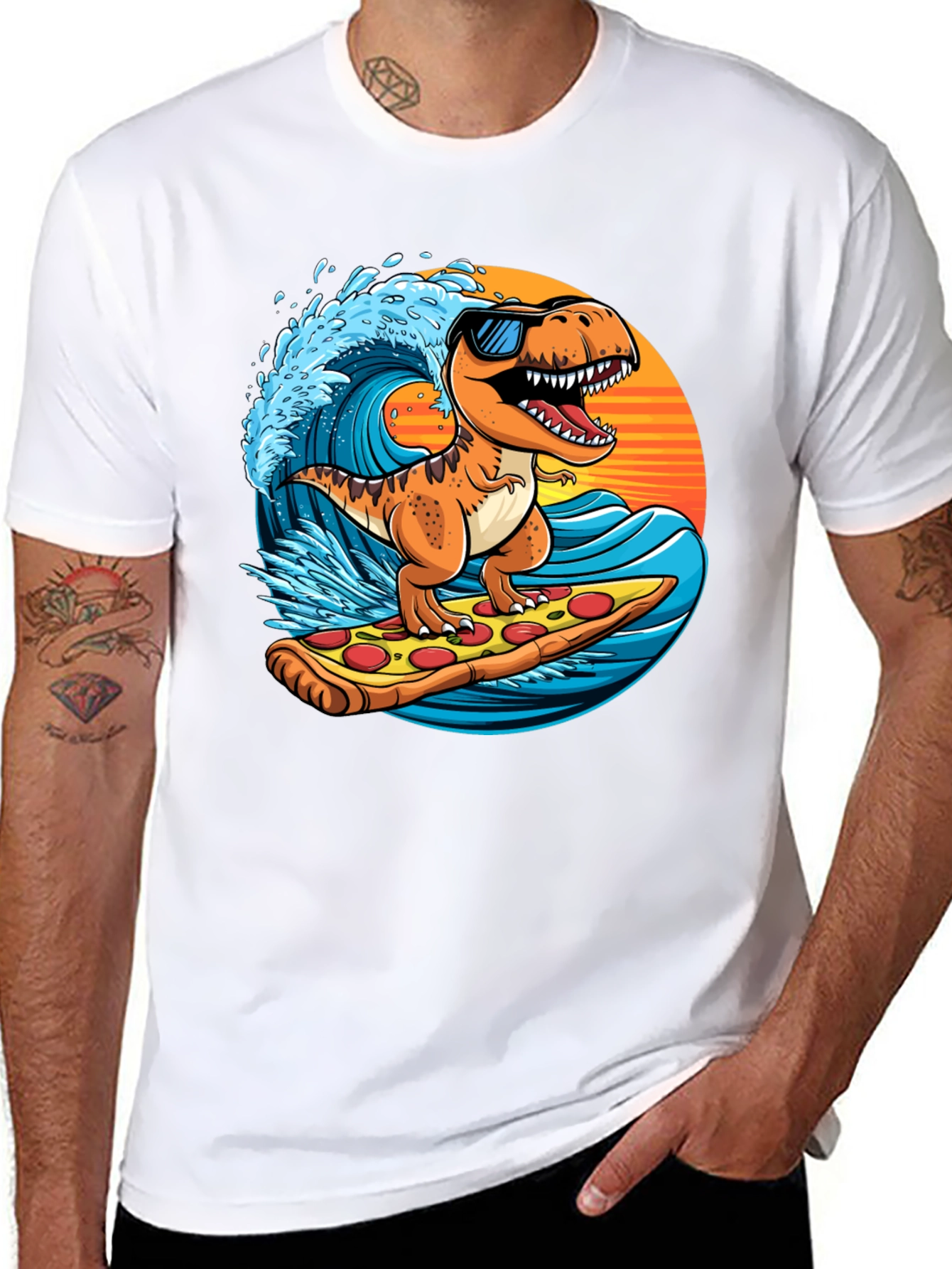 Dino Surfing Pizza Slice Tee