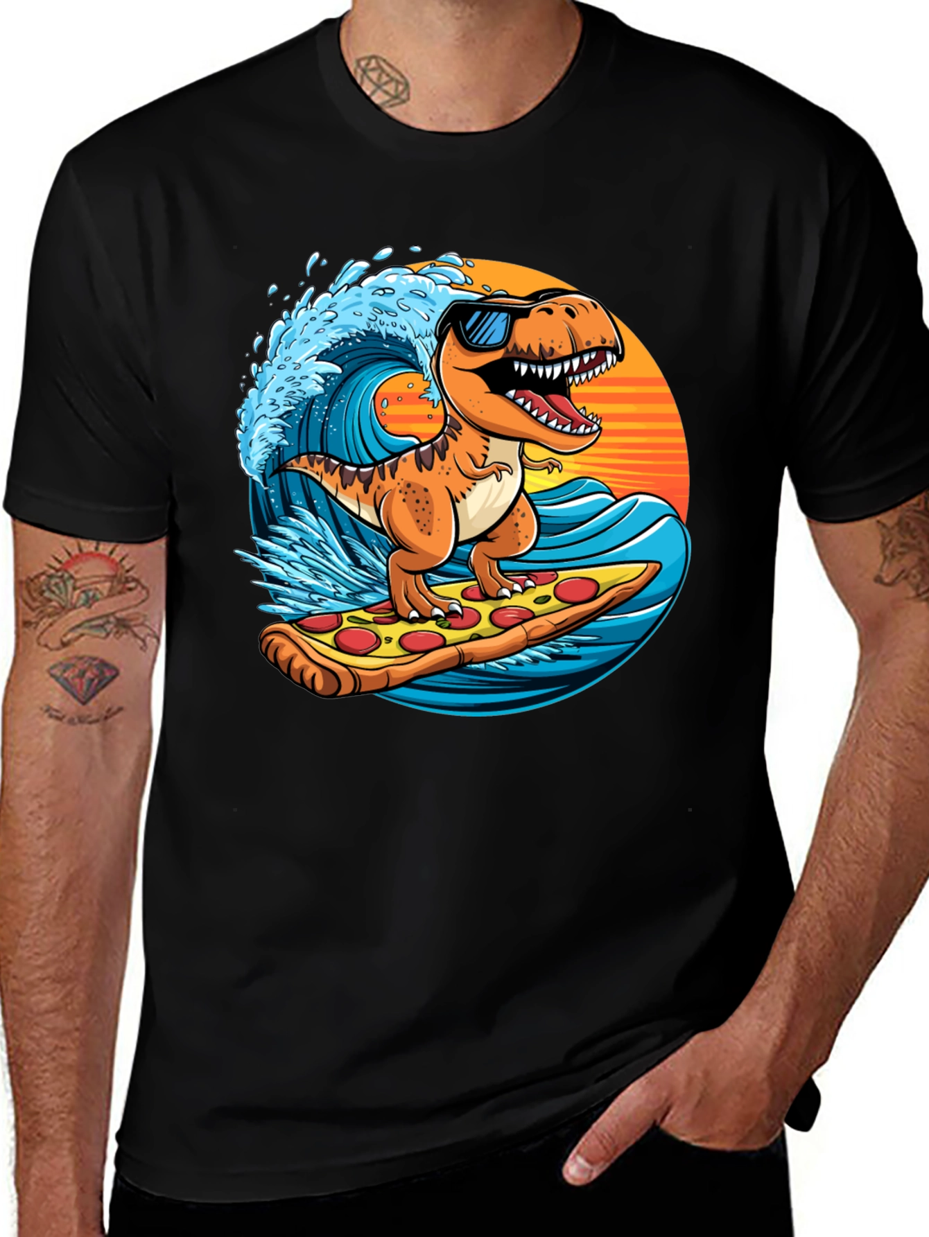 Dino Surfing Pizza Slice Tee