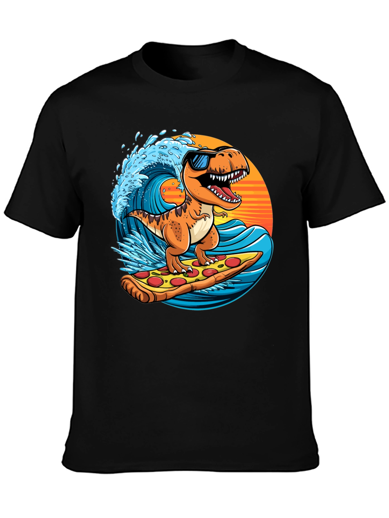 Dino Surfing Pizza Slice Tee