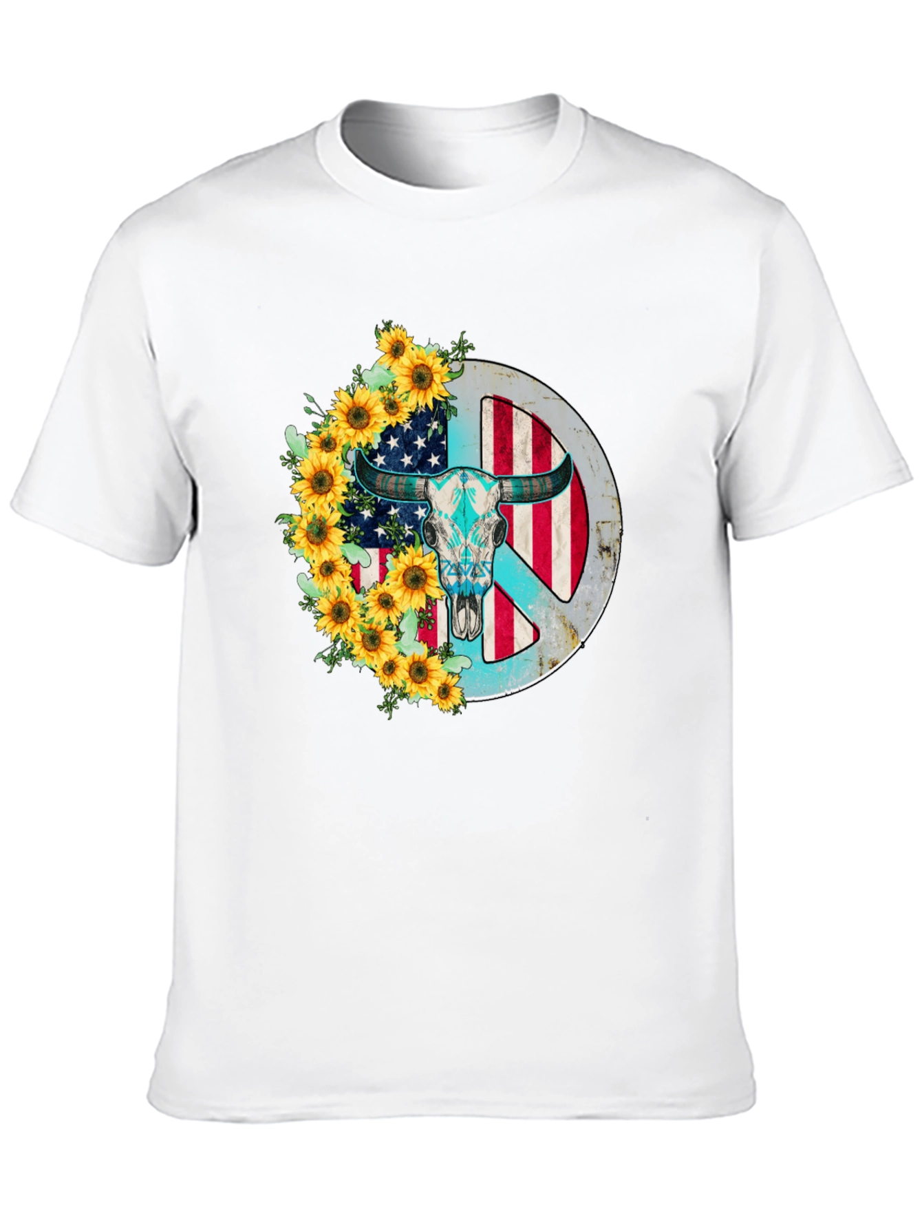 American Bull Skull Peace Sign Sunflower Graphic Tee
