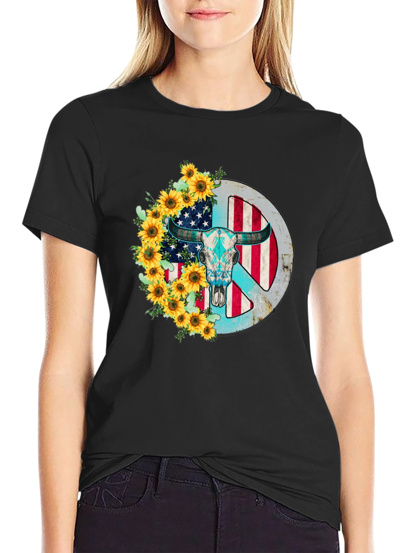 American Bull Skull Peace Sign Sunflower Graphic Tee