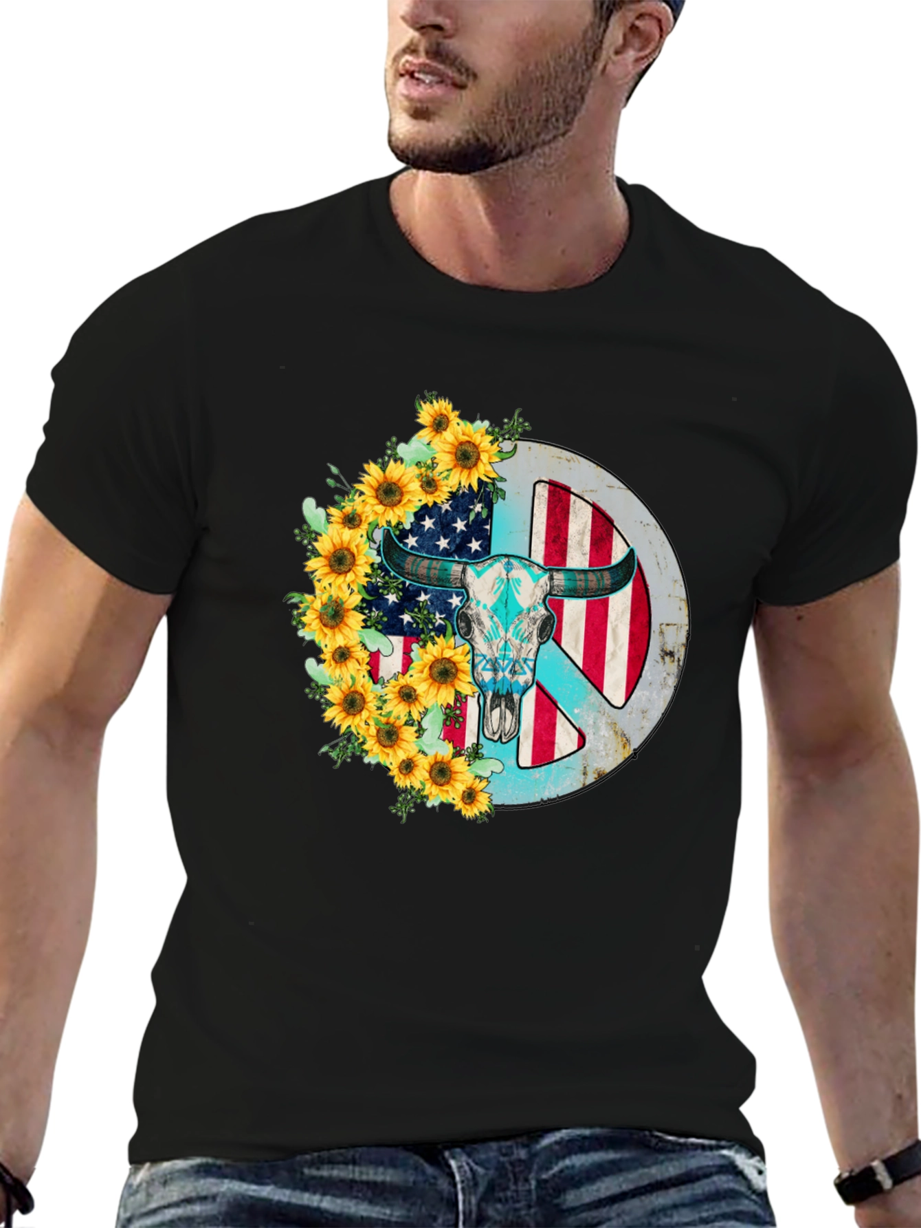 American Bull Skull Peace Sign Sunflower Graphic Tee