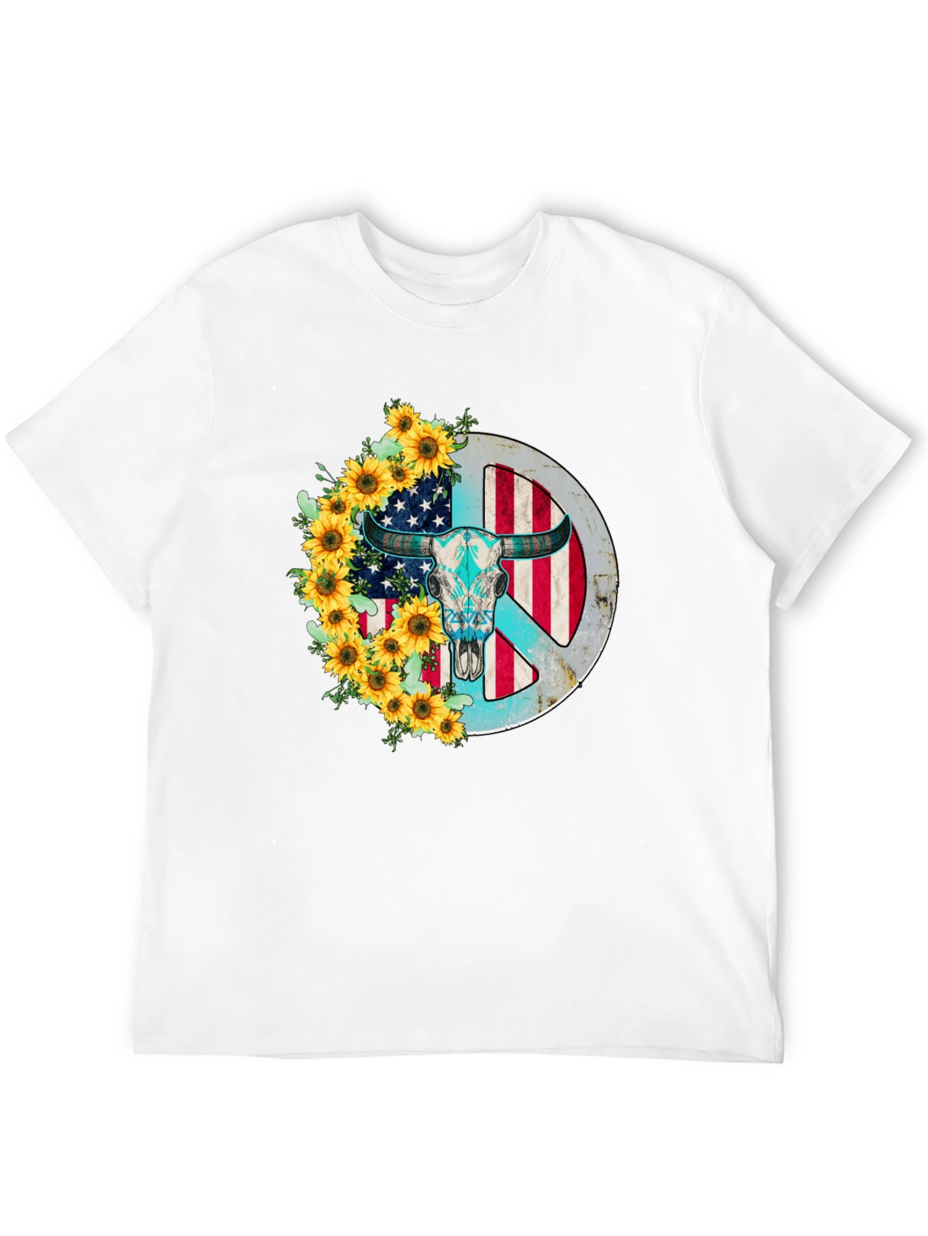 American Bull Skull Peace Sign Sunflower Graphic Tee