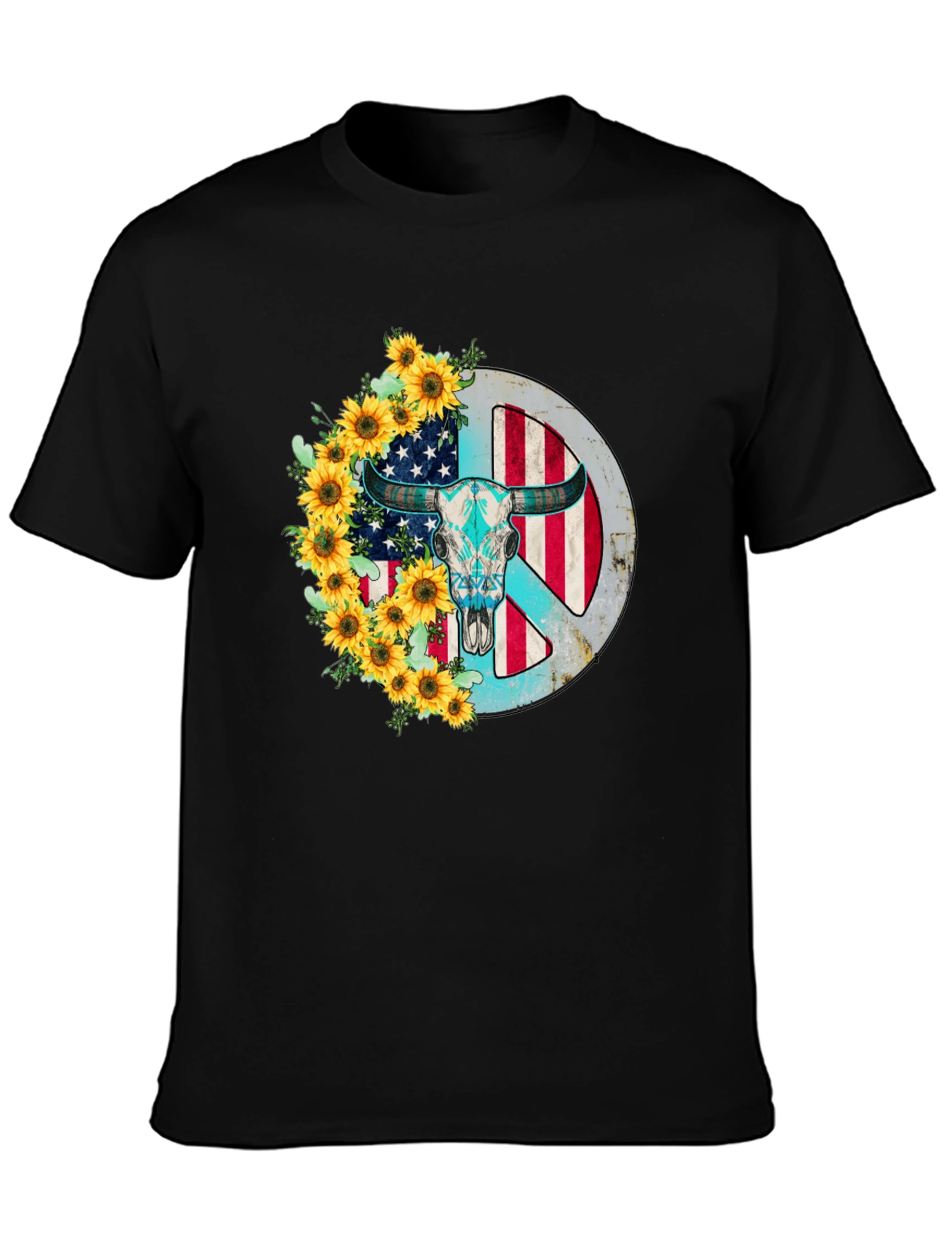 American Bull Skull Peace Sign Sunflower Graphic Tee