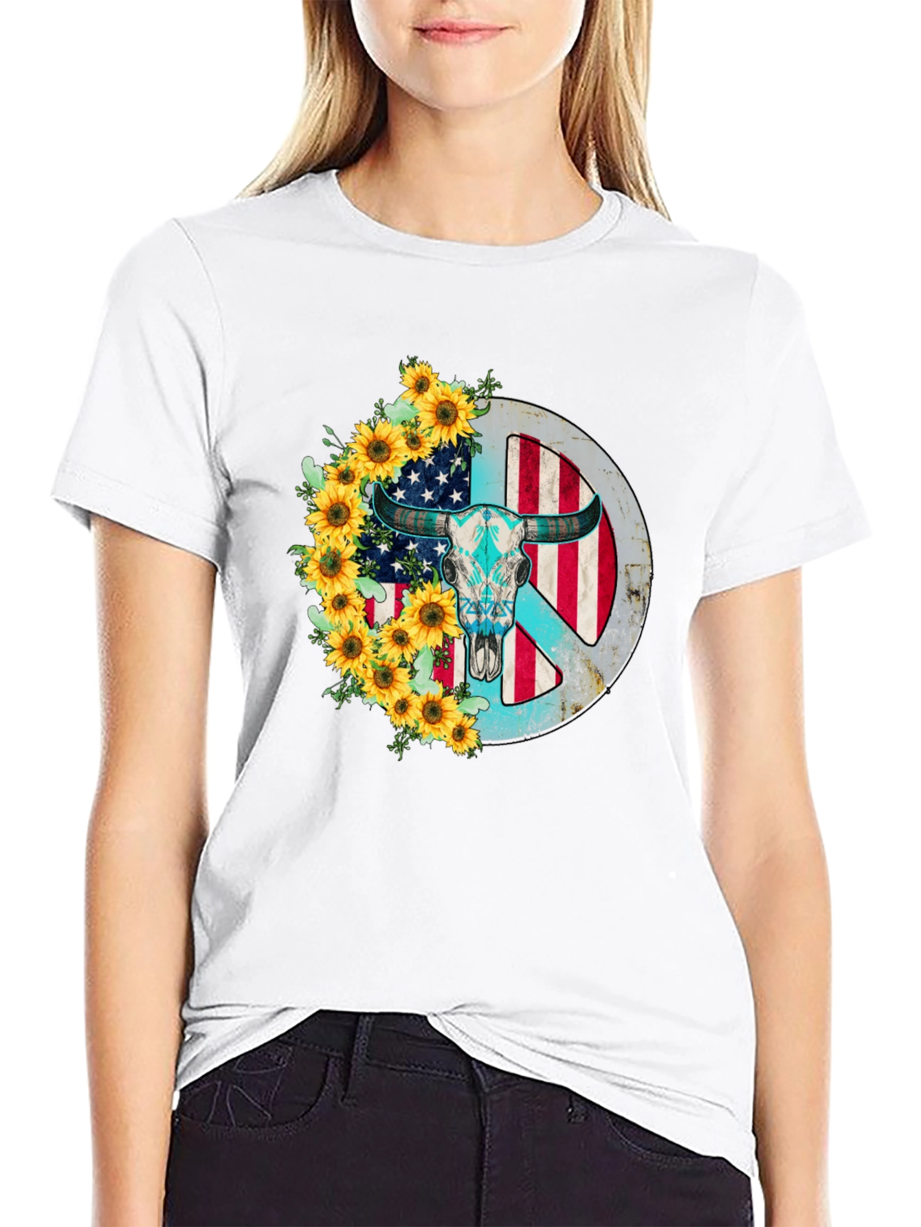 American Bull Skull Peace Sign Sunflower Graphic Tee