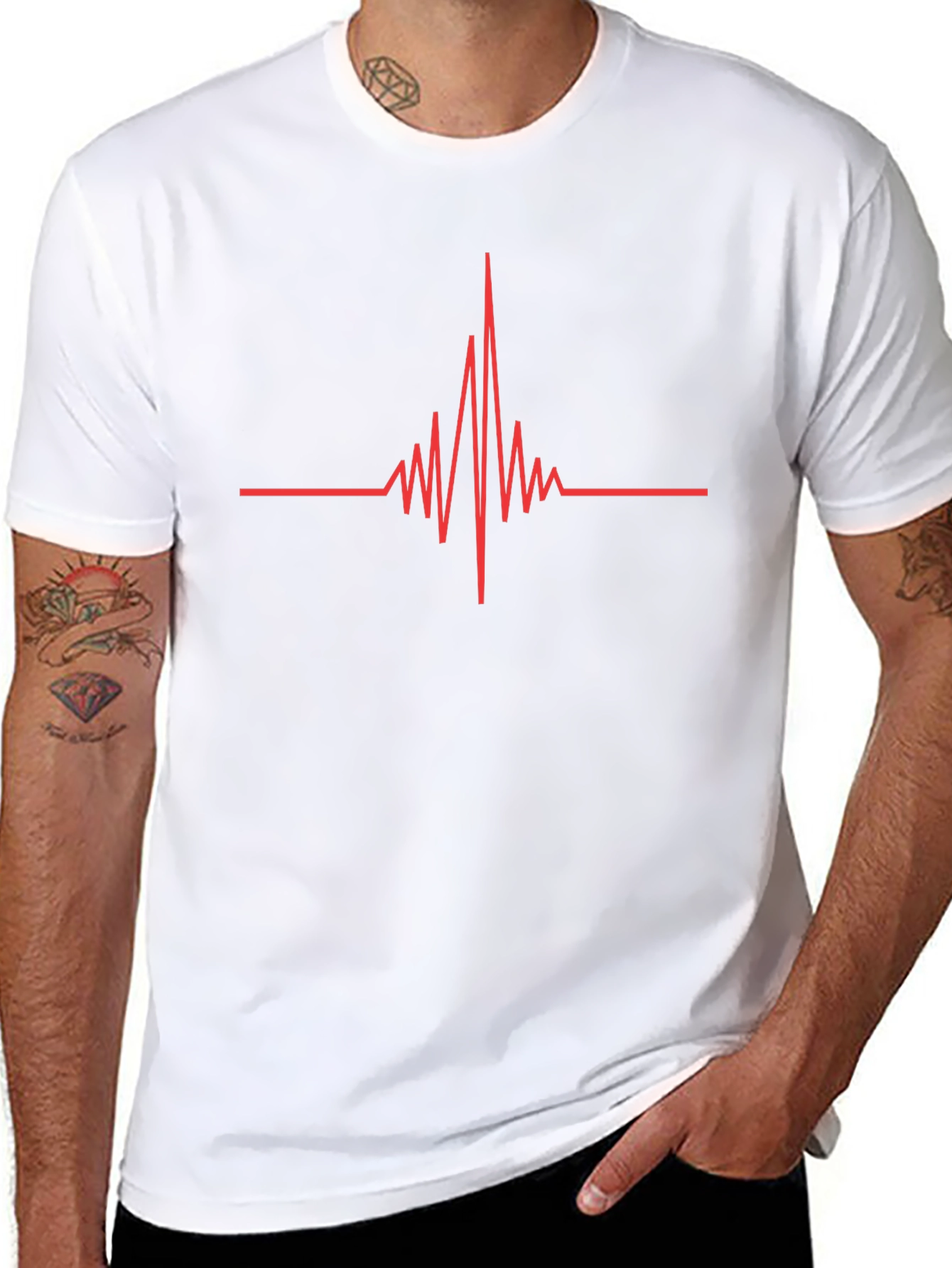 Mens Black T-Shirt with Red Heartbeat Design
