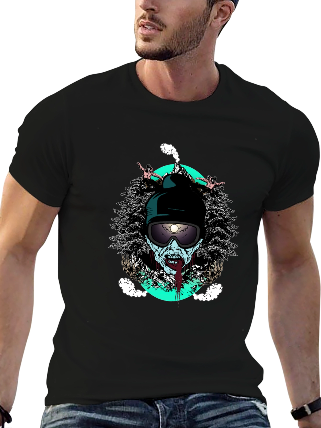 Zombie Skier Graphic Tee - Black Cotton T-Shirt
