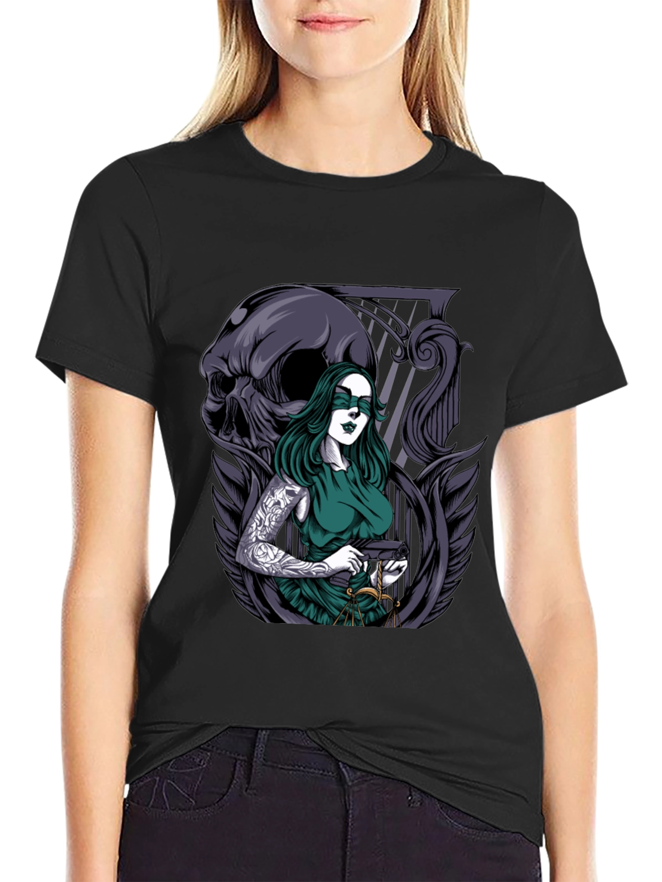 Lady Justice T-Shirt with Skull & Tattoo Graphic
