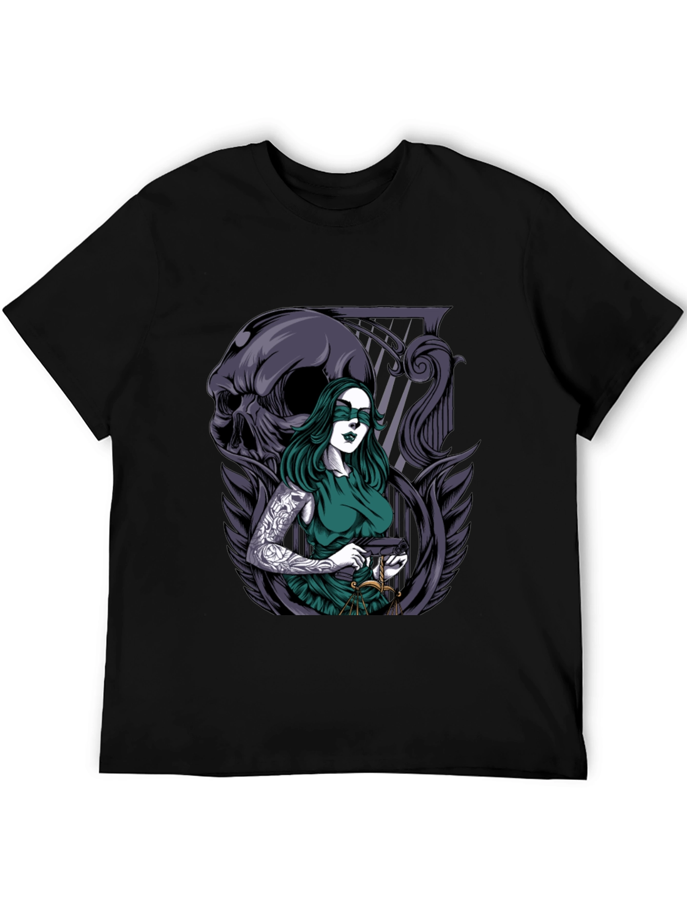 Lady Justice T-Shirt with Skull & Tattoo Graphic