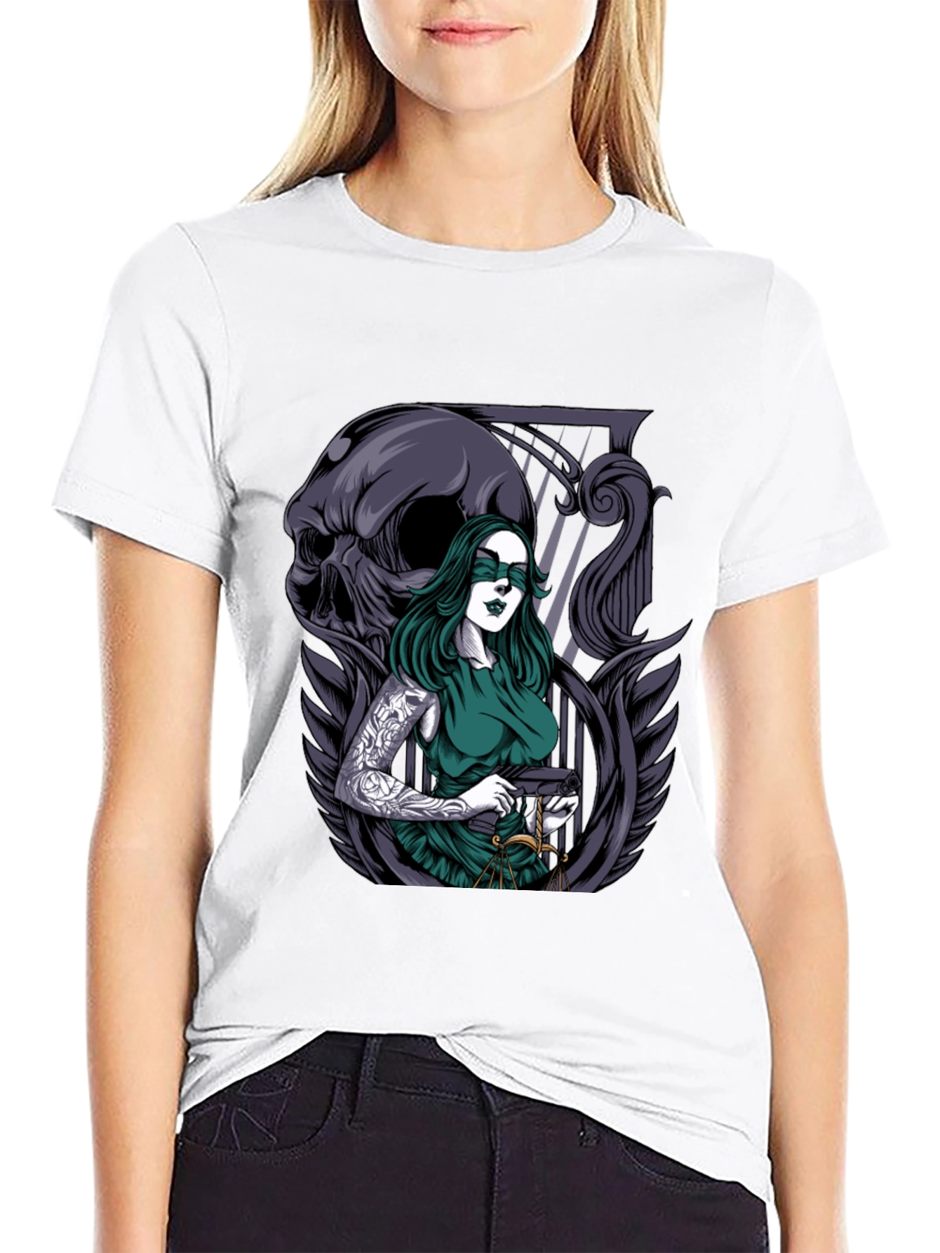 Lady Justice T-Shirt with Skull & Tattoo Graphic