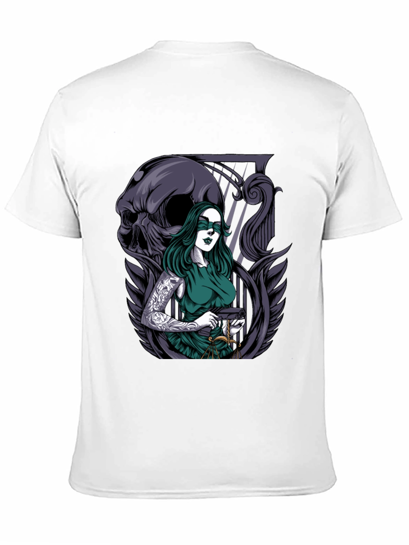 Lady Justice T-Shirt with Skull & Tattoo Graphic