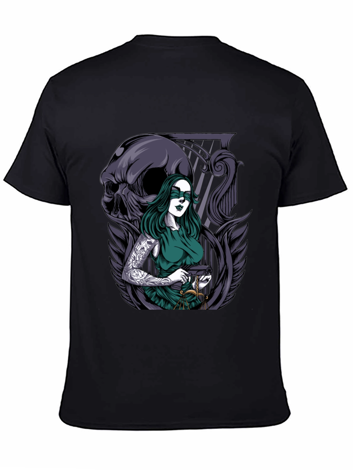 Lady Justice T-Shirt with Skull & Tattoo Graphic