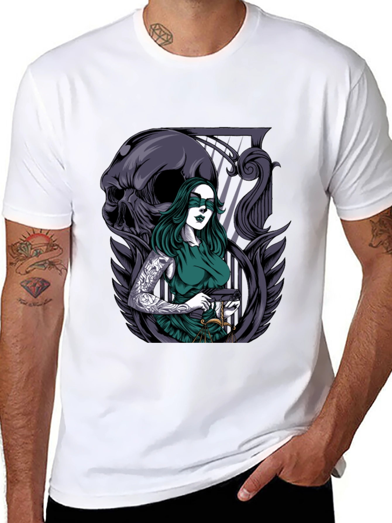 Lady Justice T-Shirt with Skull & Tattoo Graphic