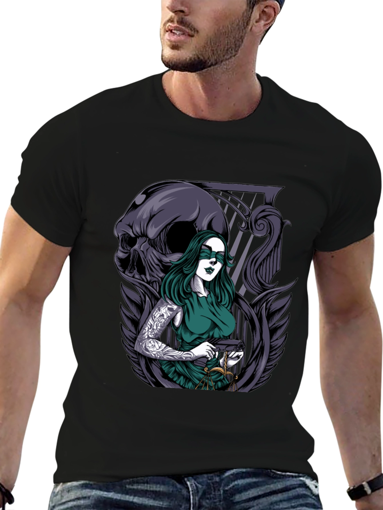 Lady Justice T-Shirt with Skull & Tattoo Graphic