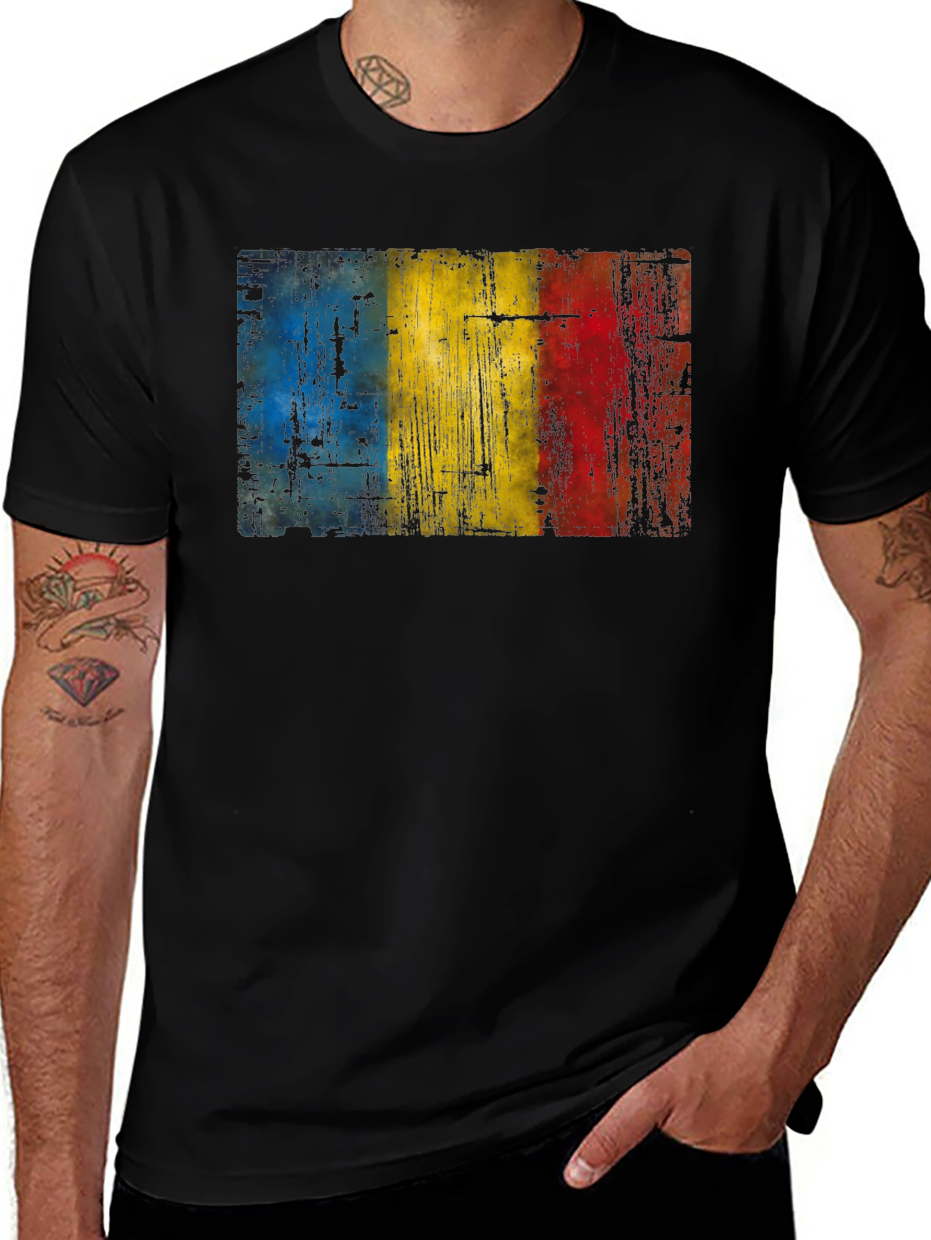 Romania Flag Distressed Black T-Shirt