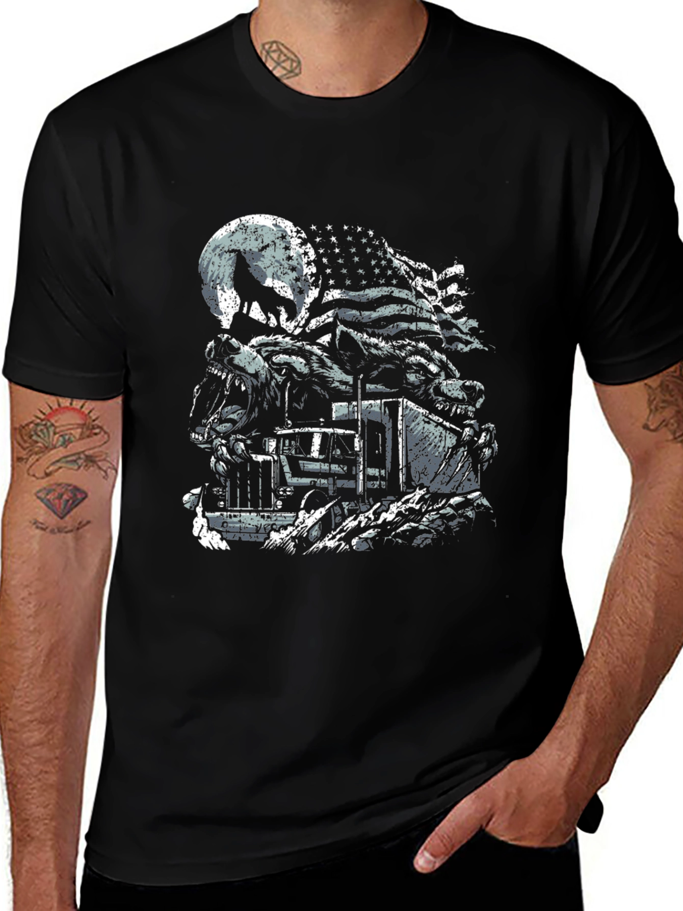 Wolf Truck American Flag Graphic Tee - Patriotic Style