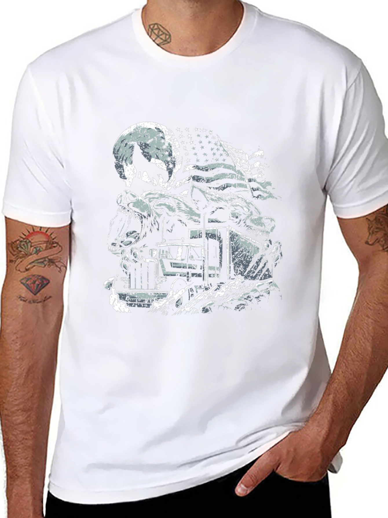 Wolf Truck American Flag Graphic Tee - Patriotic Style