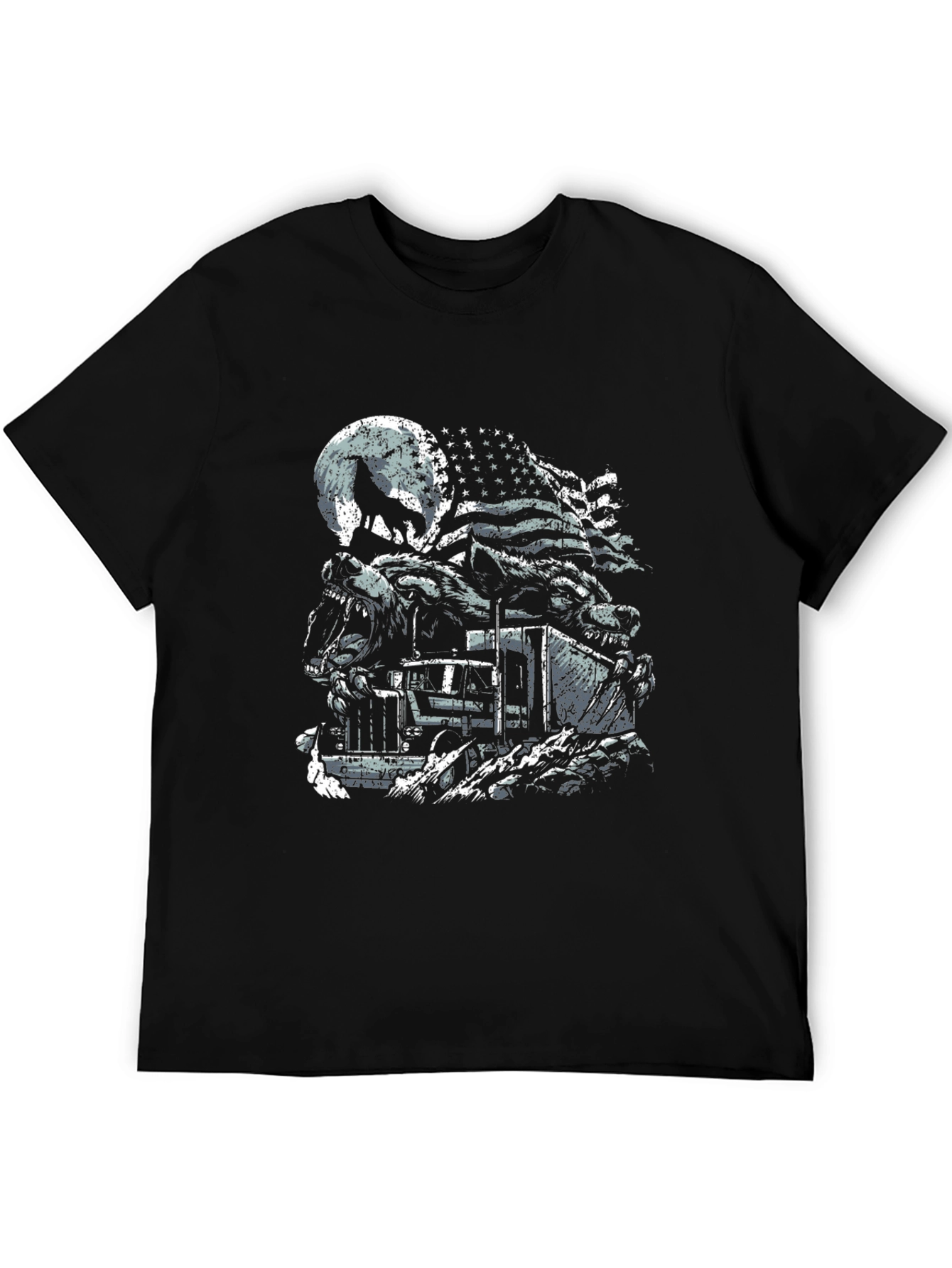 Wolf Truck American Flag Graphic Tee - Patriotic Style